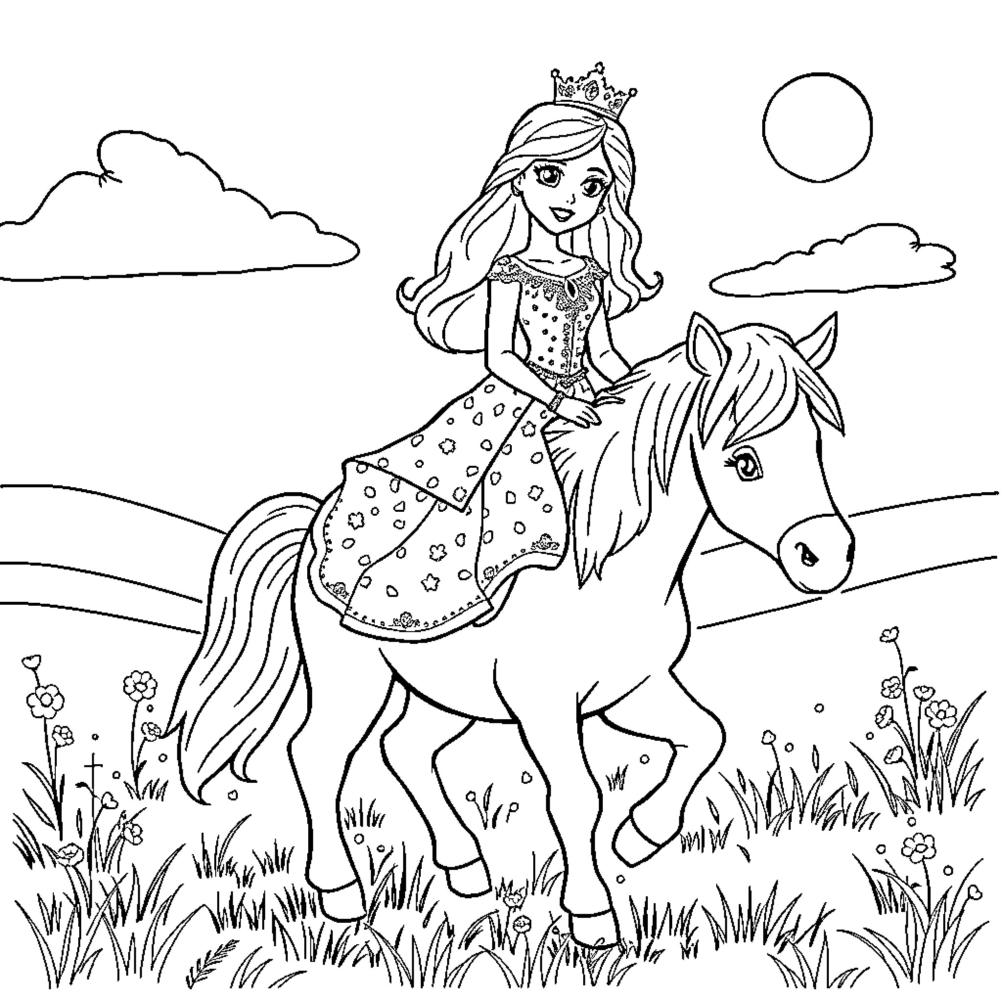 Princess on a Majestic Horse in a Serene Landscape Coloring Page (free black-and-white line drawing printable PDF for all, from beginners to advanced learners, including children, teens, adults, and seniors)