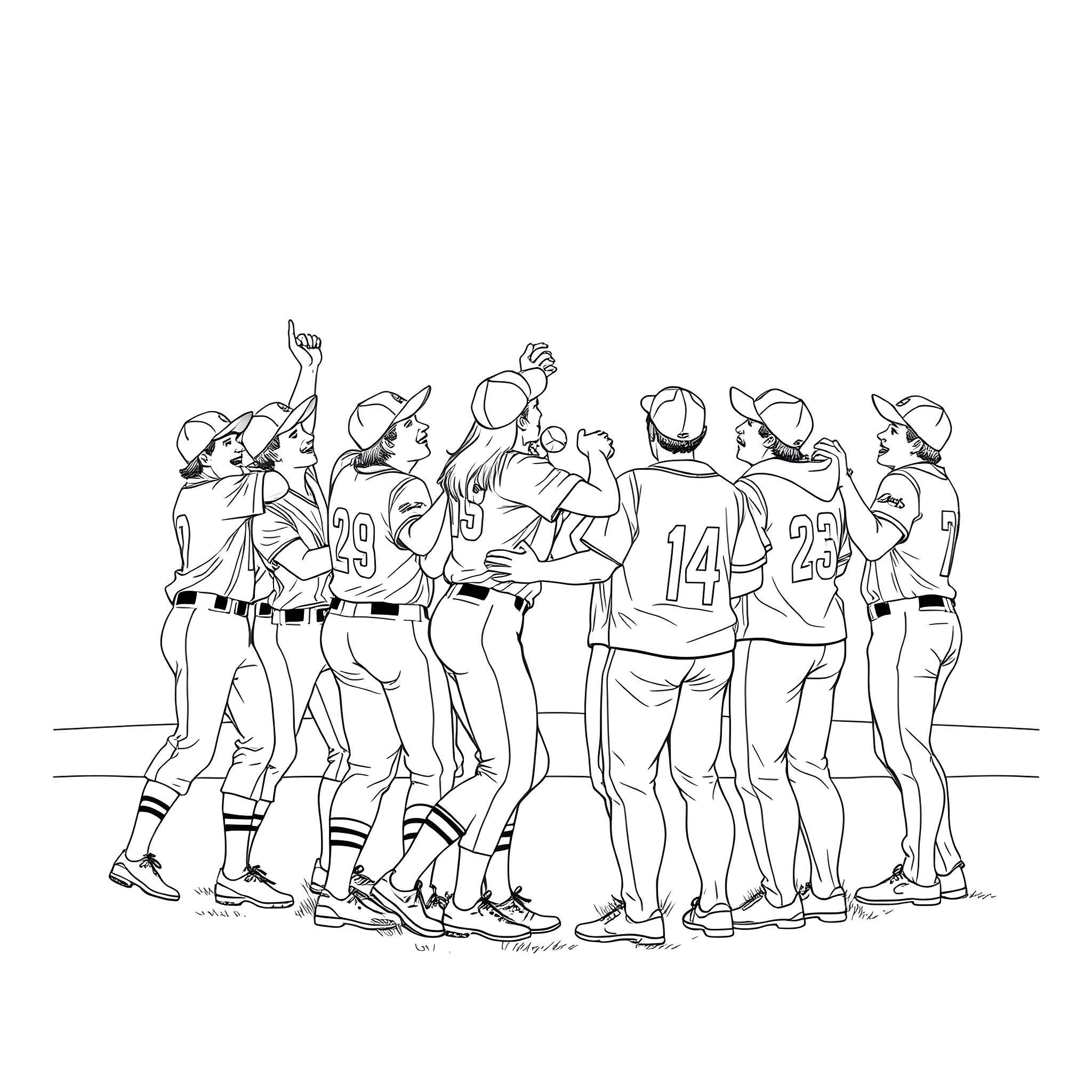 Woman baseball team celebrates victory Coloring Page (free black-and-white line drawing printable PDF for all, from beginners to advanced learners, including children, teens, adults, and seniors)