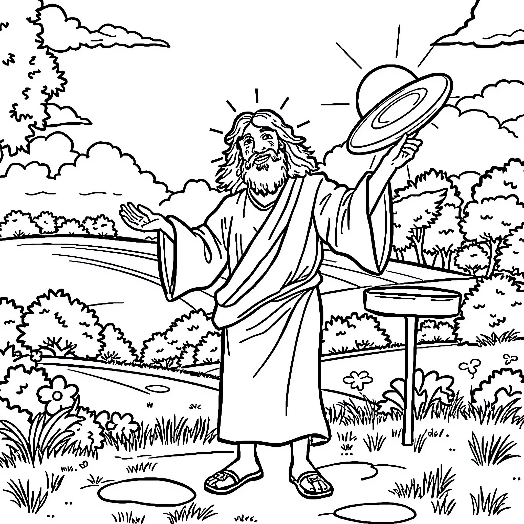 Jesus preaching and blessing the landscape Coloring Page (free black-and-white line drawing printable PDF for all, from beginners to advanced learners, including children, teens, adults, and seniors)