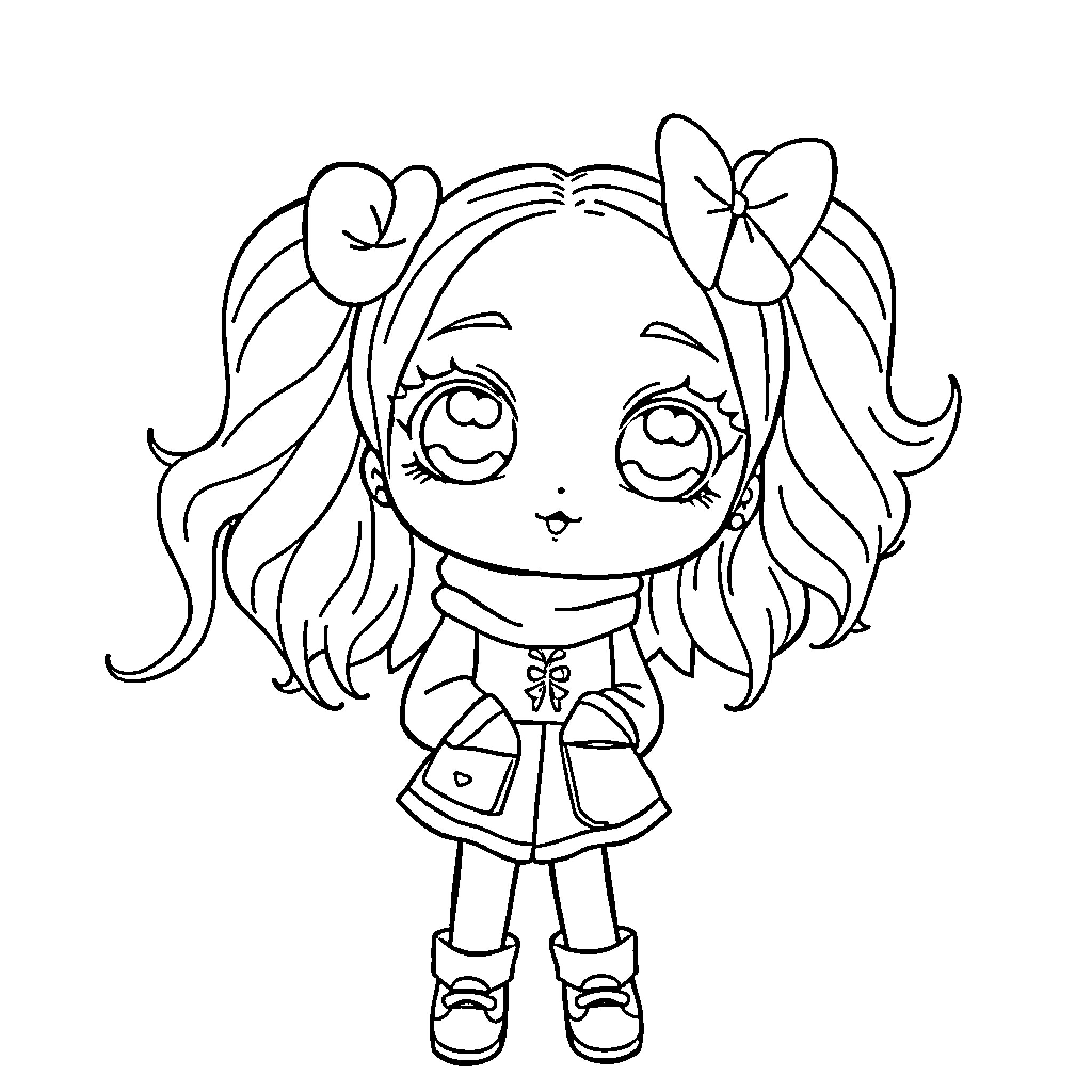 Kawaii Girl with Adorable Hairstyle and Outfit Coloring Page (free black-and-white line drawing printable PDF for all, from beginners to advanced learners, including children, teens, adults, and seniors)