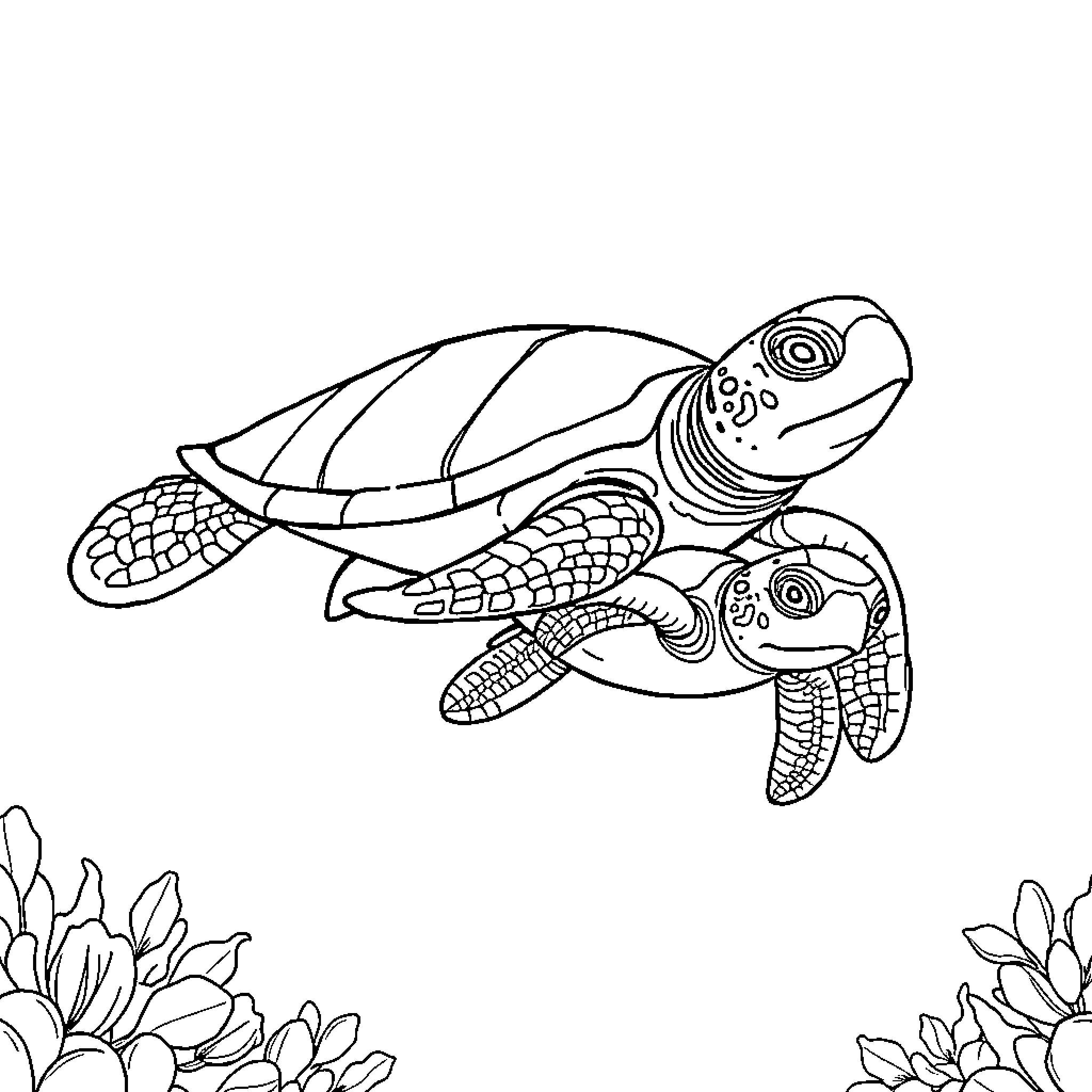 Sea Turtles swimming together in the ocean Coloring Page (free black-and-white line drawing printable PDF for all, from beginners to advanced learners, including children, teens, adults, and seniors)