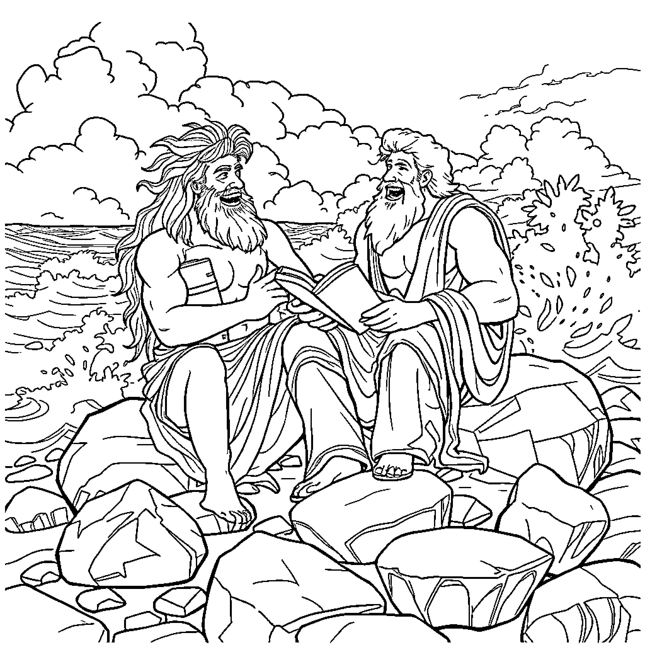 Poseidon and the Sea God in Conversation Coloring Page (free black-and-white line drawing printable PDF for all, from beginners to advanced learners, including children, teens, adults, and seniors)