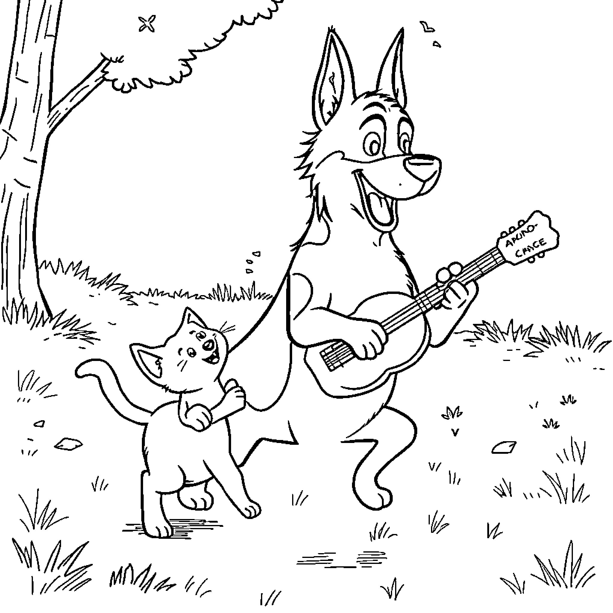 Perro con guitarra y gato tocando música en el parque Coloring Page (free black-and-white line drawing printable PDF for all, from beginners to advanced learners, including children, teens, adults, and seniors)