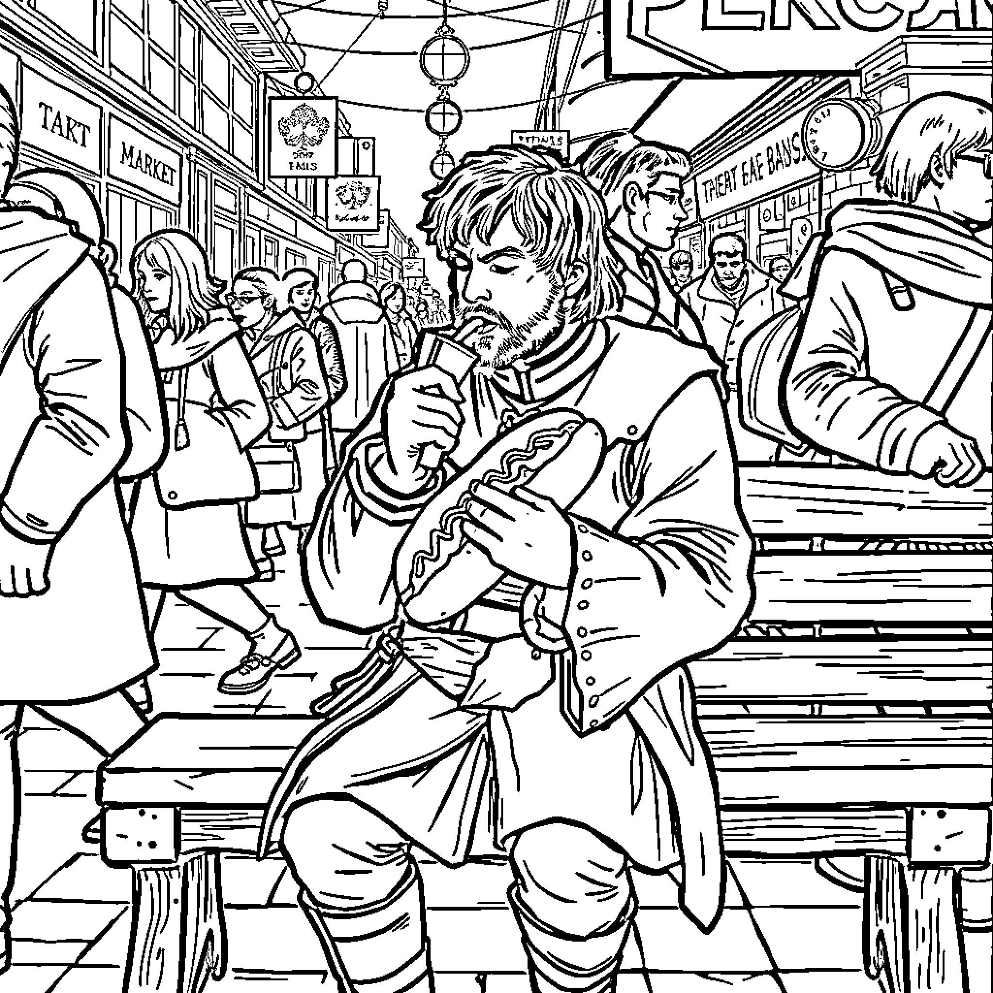 Tyrion Lannister's Lively Street Scene Coloring Page (free black-and-white line drawing printable PDF for all, from beginners to advanced learners, including children, teens, adults, and seniors)