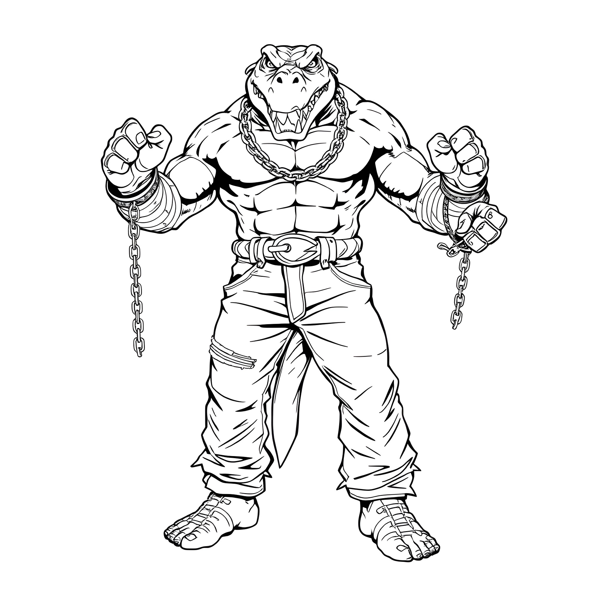 Killer Croc unleashing fury with chains Coloring Page (free black-and-white line drawing printable PDF for all, from beginners to advanced learners, including children, teens, adults, and seniors)