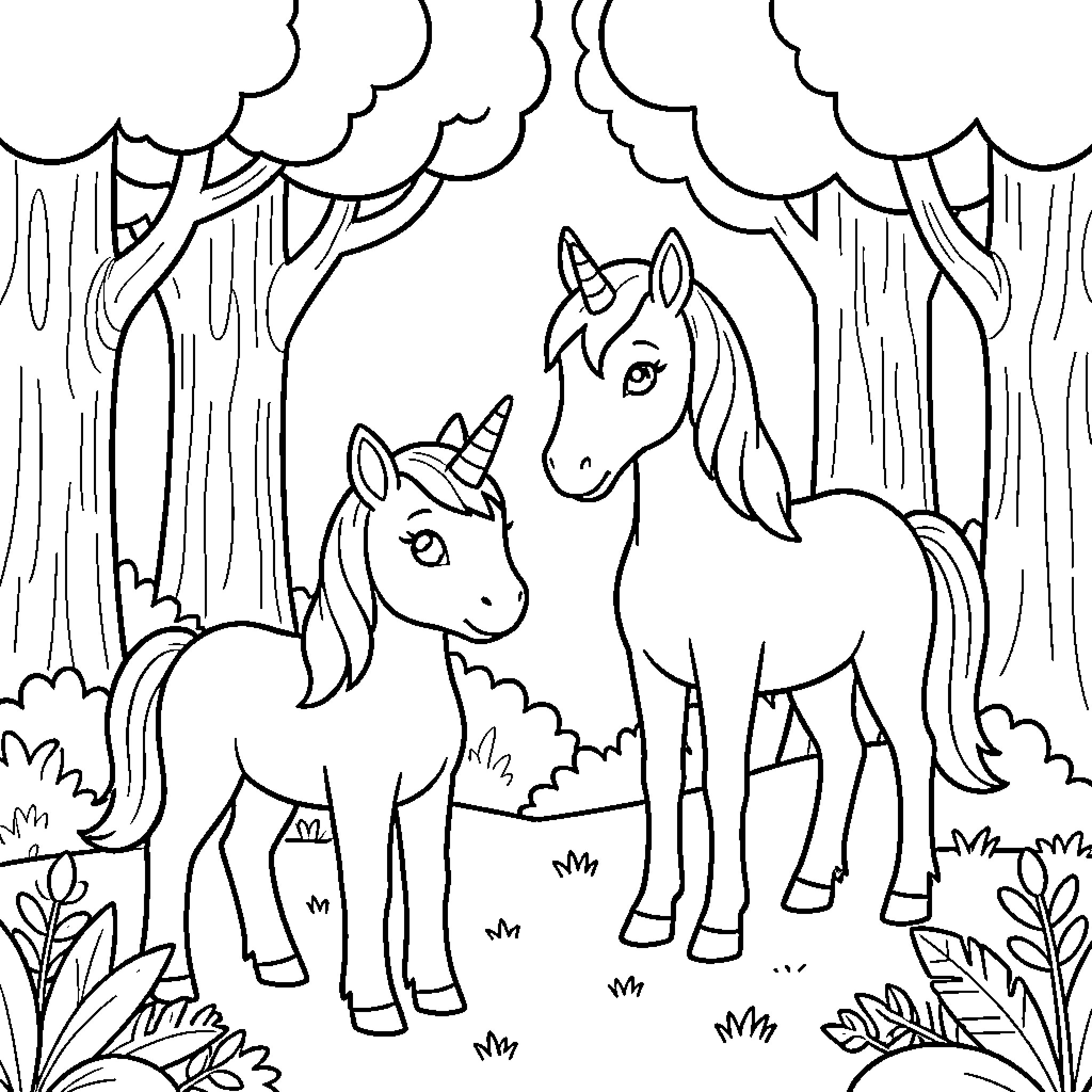 Unicorns standing together in a peaceful forest Coloring Page (free black-and-white line drawing printable PDF for all, from beginners to advanced learners, including children, teens, adults, and seniors)