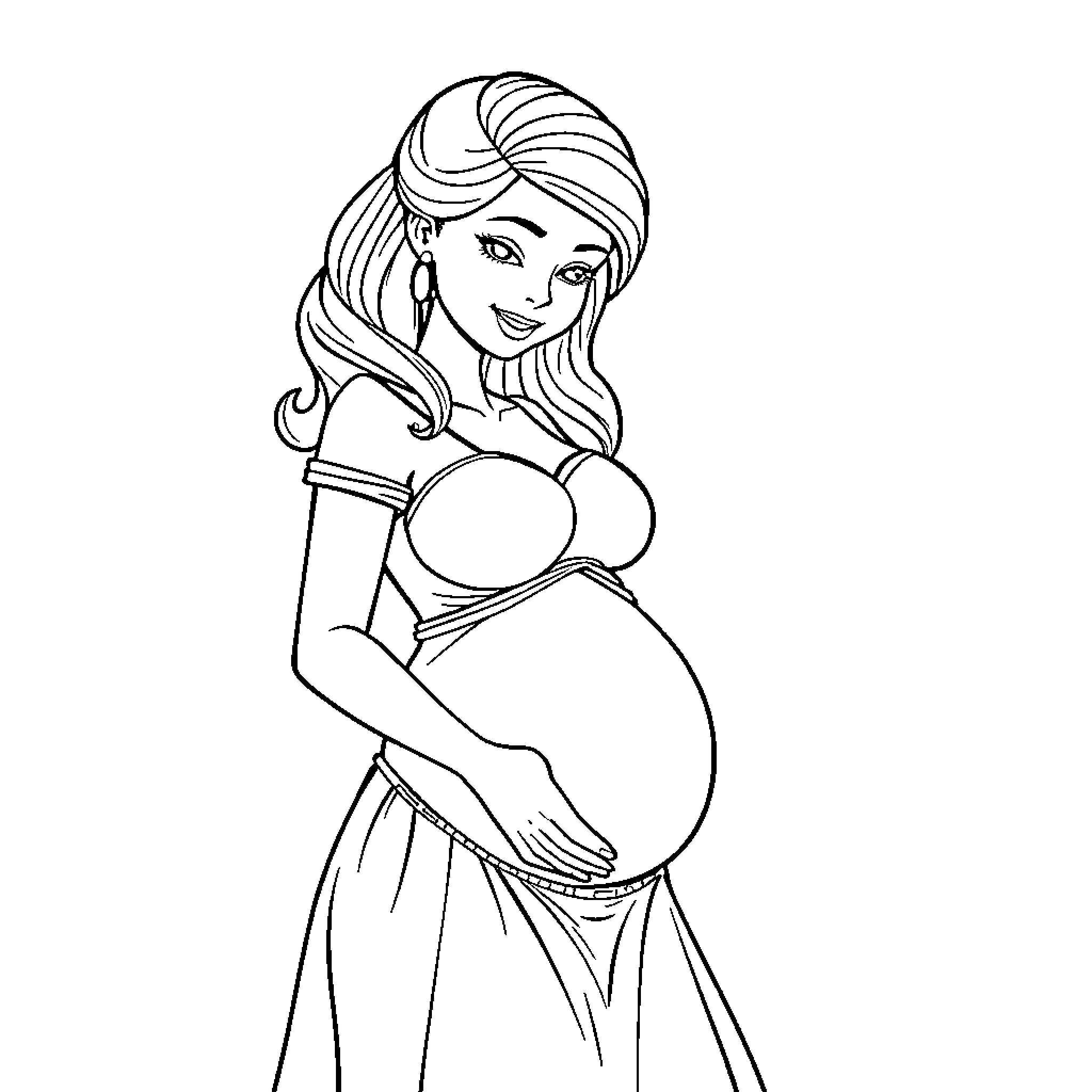 Belle's Maternal Moment: A Pregnant Princess Coloring Page (free black-and-white line drawing printable PDF for all, from beginners to advanced learners, including children, teens, adults, and seniors)