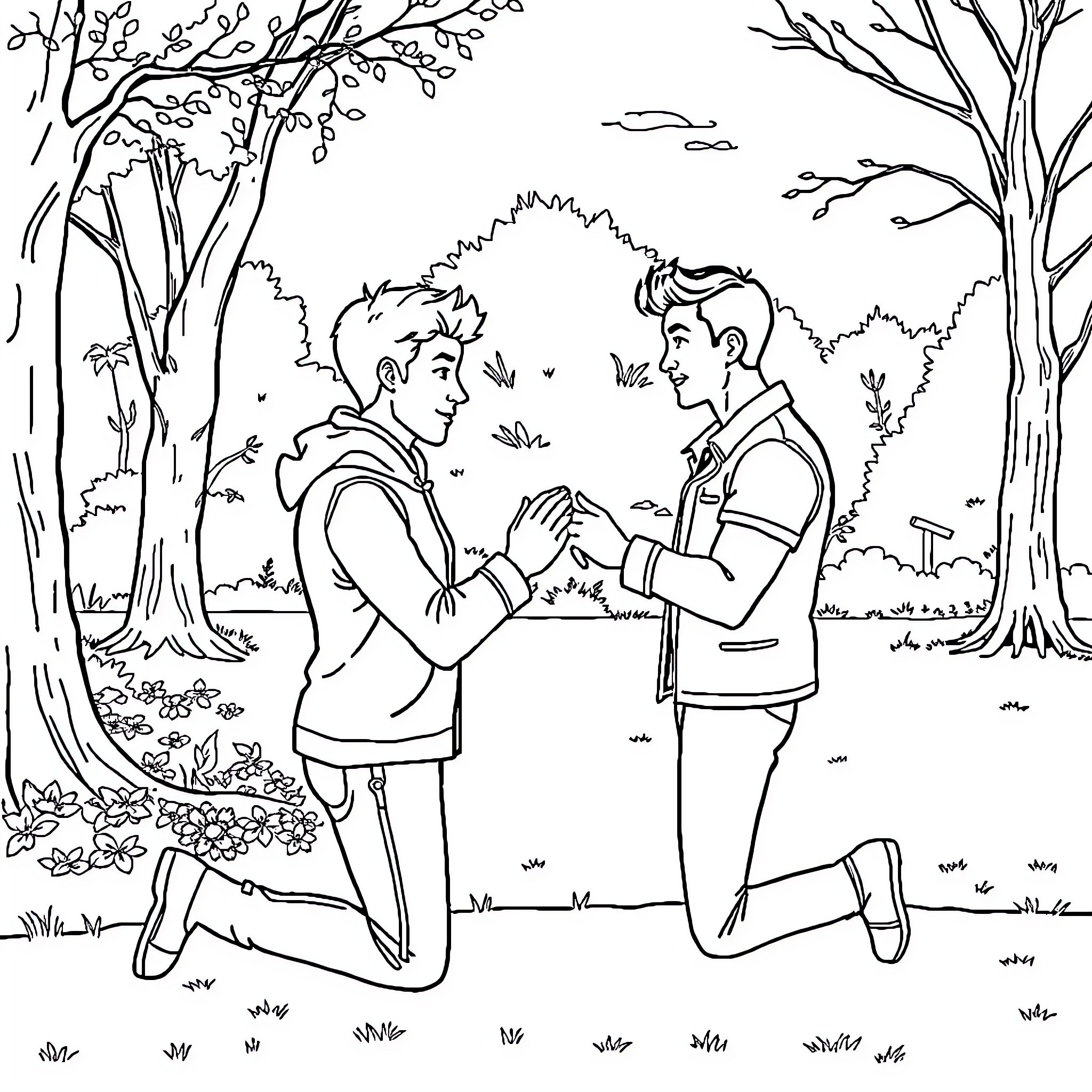 Leonardo's Heartfelt Proposal in the Enchanting Forest Coloring Page (free black-and-white line drawing printable PDF for all, from beginners to advanced learners, including children, teens, adults, and seniors)