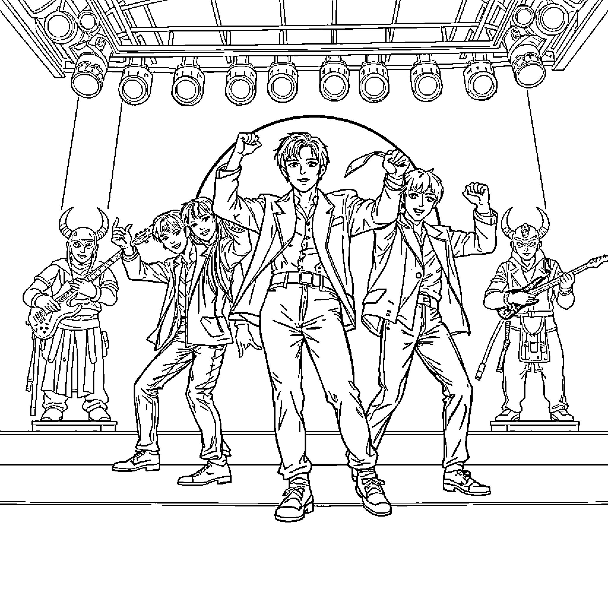 Saja Boys Performing on Stage with Instruments Coloring Page (free black-and-white line drawing printable PDF for all, from beginners to advanced learners, including children, teens, adults, and seniors)