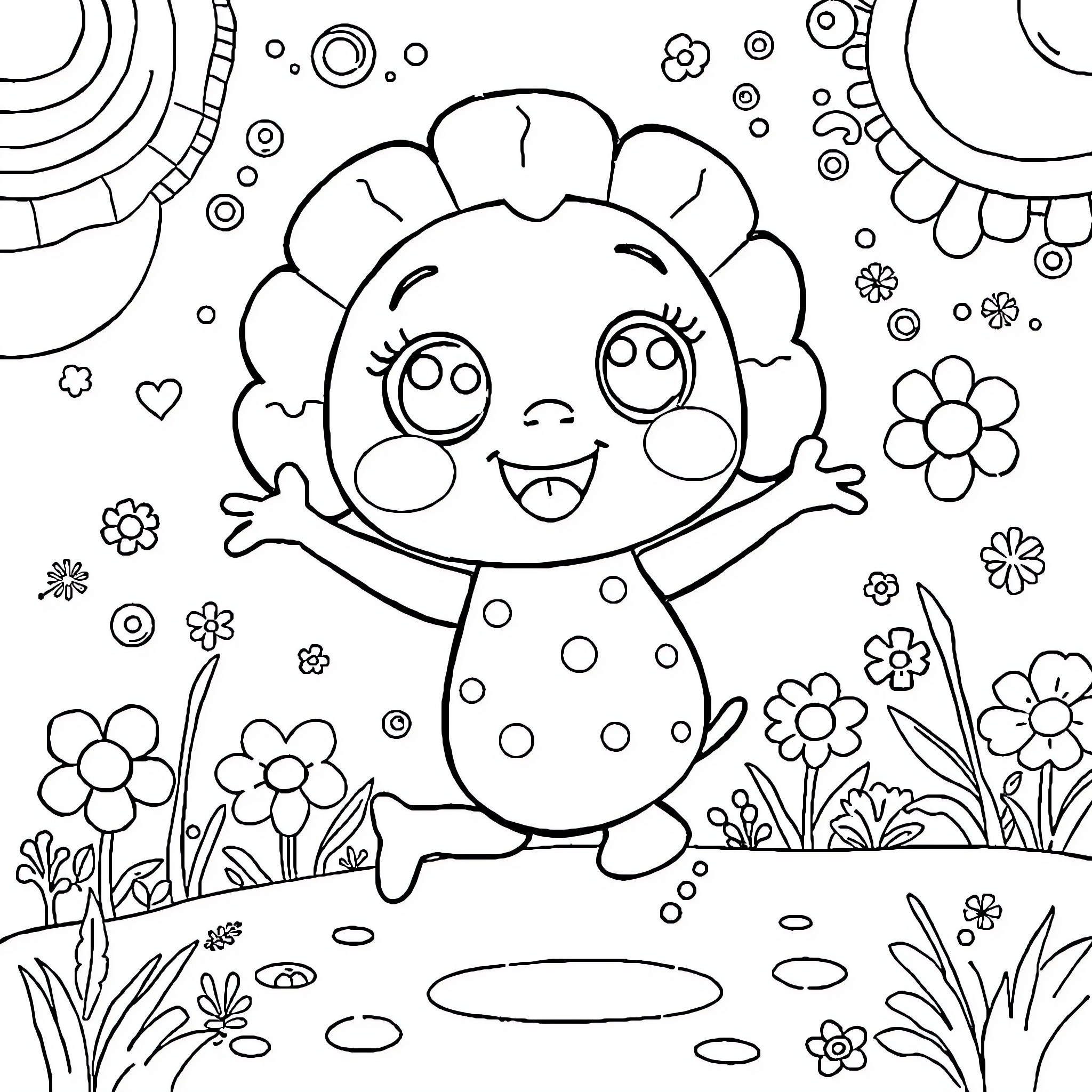 Labubu's Playful Adventure in the Floral Wonderland Coloring Page (free black-and-white line drawing printable PDF for all, from beginners to advanced learners, including children, teens, adults, and seniors)
