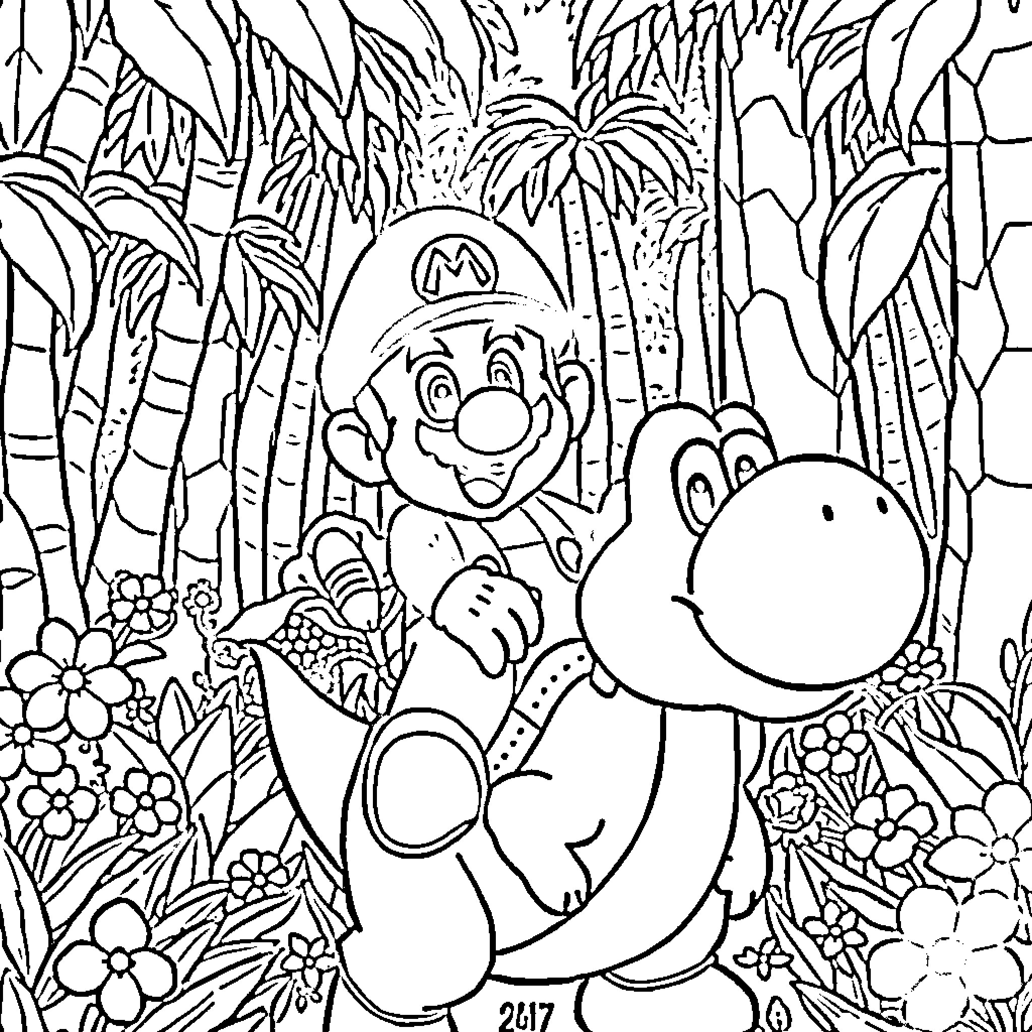 Mario exploring lush jungle landscape with Yoshi companion Coloring Page (free black-and-white line drawing printable PDF for all, from beginners to advanced learners, including children, teens, adults, and seniors)