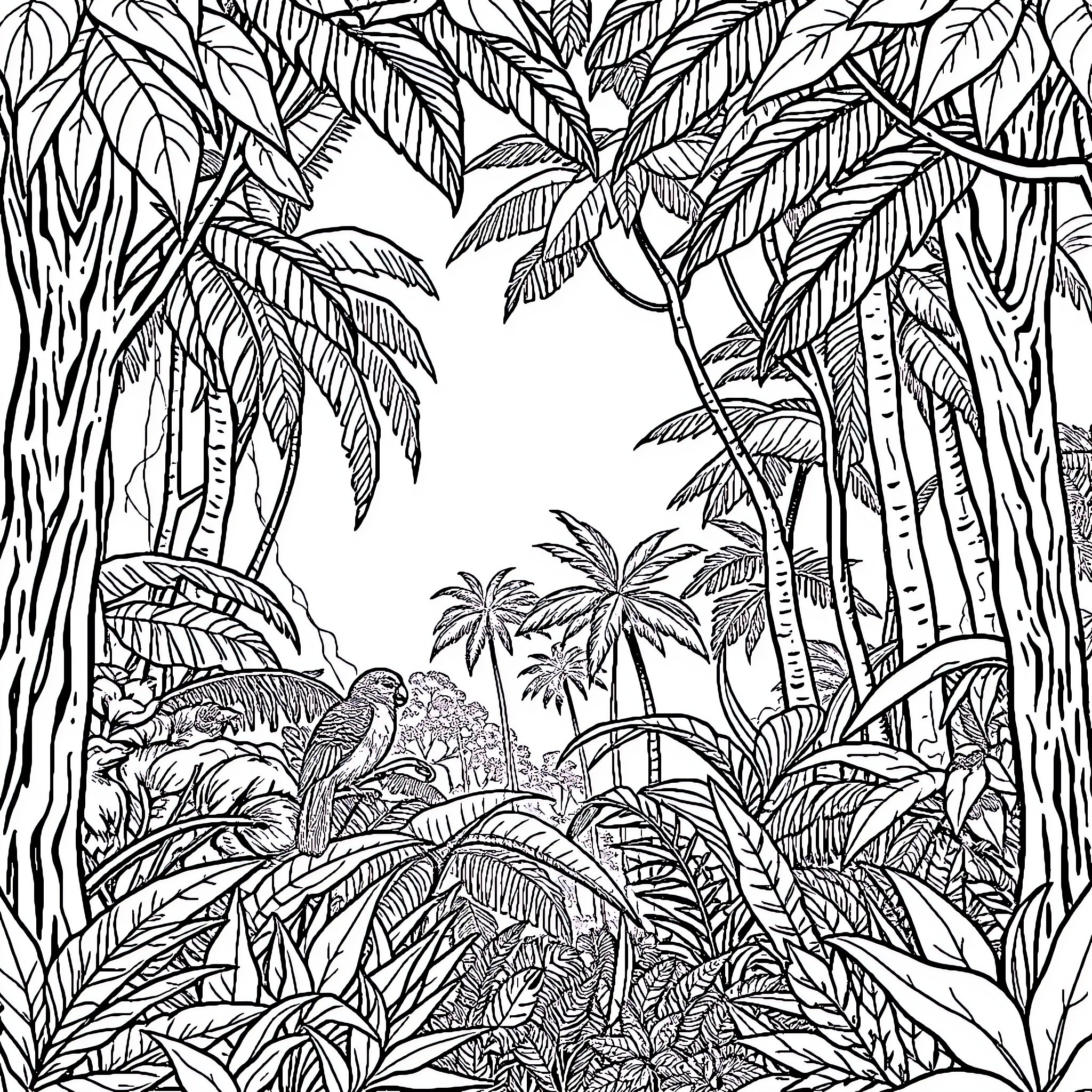 Amazon Forest Landscape with Tropical Foliage Coloring Page (free black-and-white line drawing printable PDF for all, from beginners to advanced learners, including children, teens, adults, and seniors)