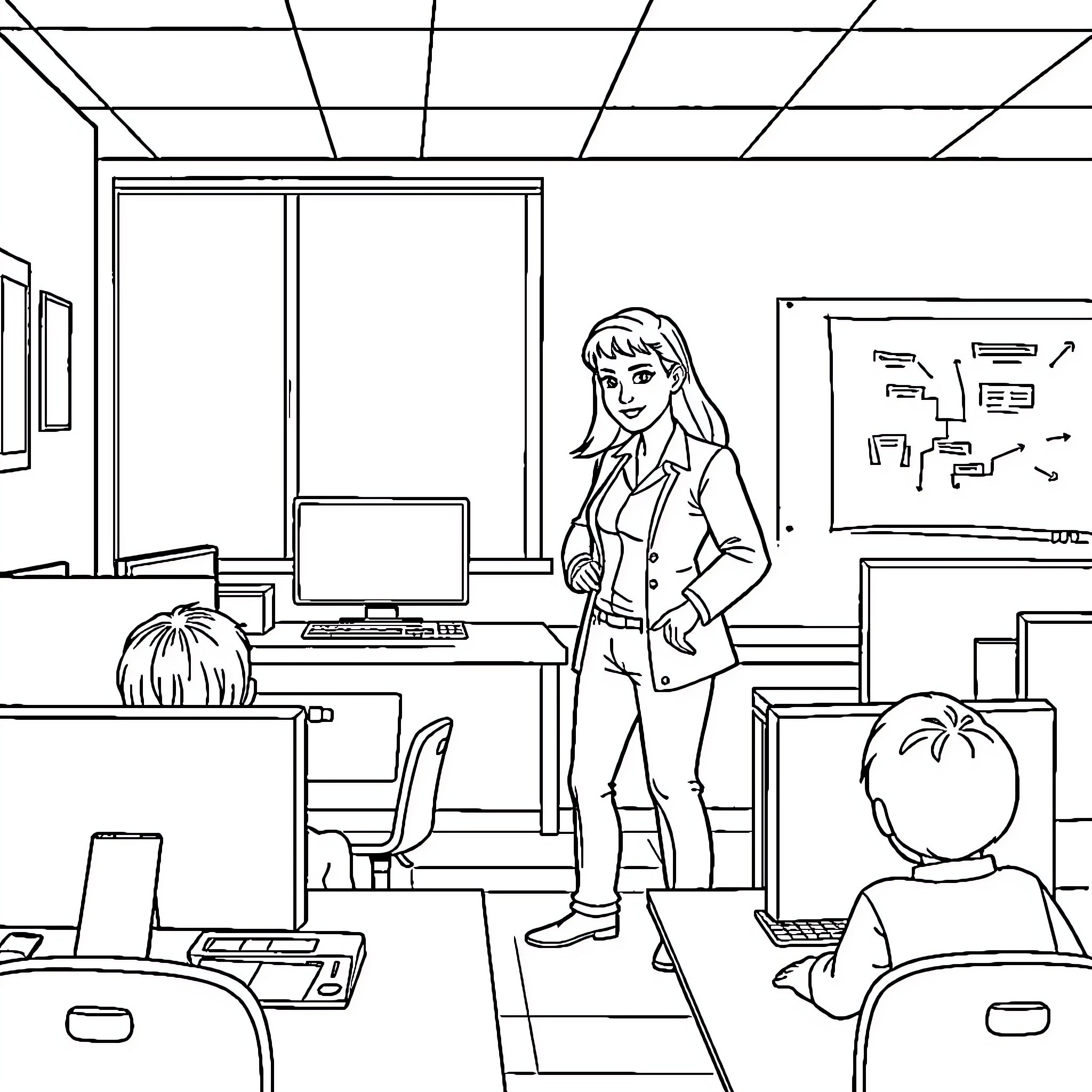 Teacher Instructing Students in Classroom Coloring Page (free black-and-white line drawing printable PDF for all, from beginners to advanced learners, including children, teens, adults, and seniors)