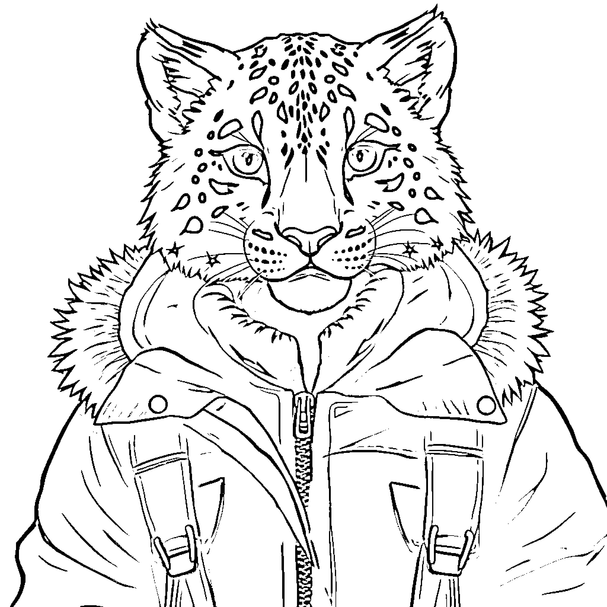 Snow Leopard in Warm Clothing Coloring Page (free black-and-white line drawing printable PDF for all, from beginners to advanced learners, including children, teens, adults, and seniors)