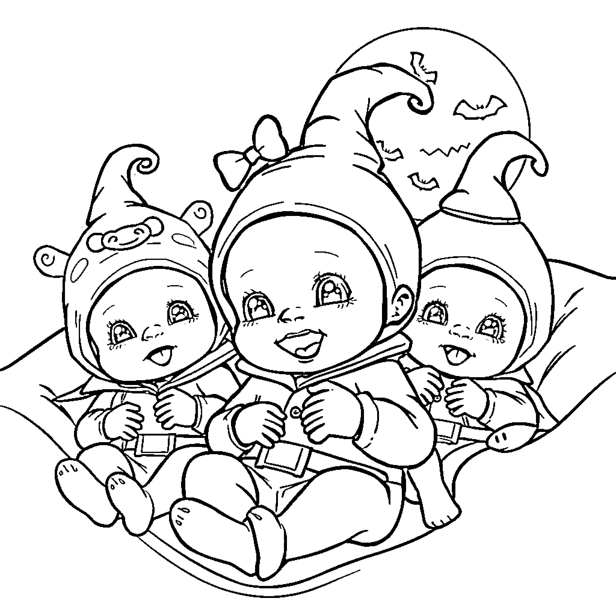 Baby Gnomes in a Cozy Basket Coloring Page (free black-and-white line drawing printable PDF for all, from beginners to advanced learners, including children, teens, adults, and seniors)