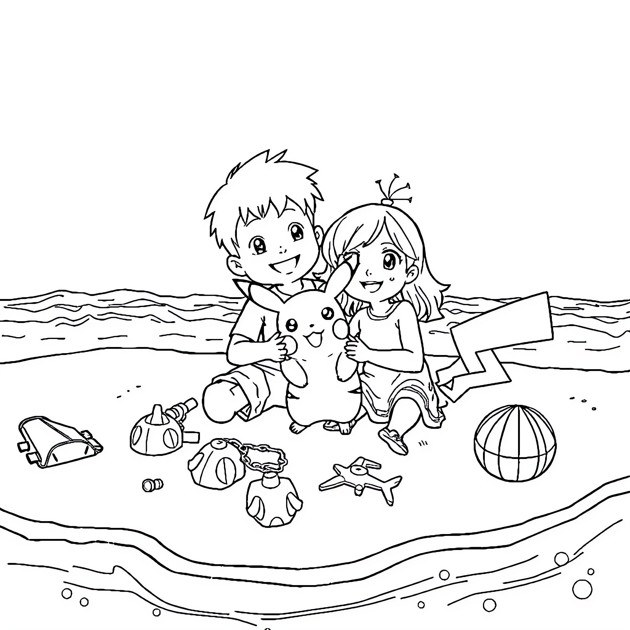 Ben and Holly playing joyfully on the beach Coloring Page (free black-and-white line drawing printable PDF for all, from beginners to advanced learners, including children, teens, adults, and seniors)
