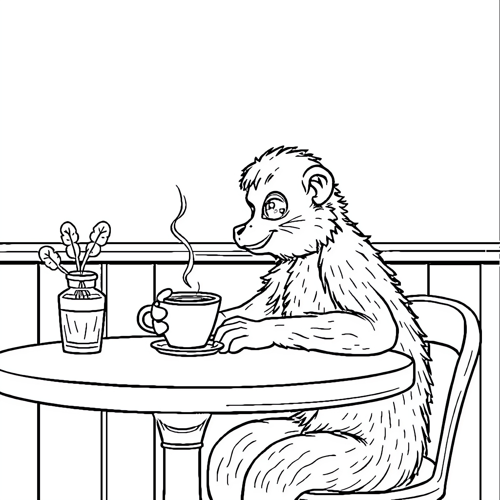 Monkey enjoying a hot drink at the cafe Coloring Page (free black-and-white line drawing printable PDF for all, from beginners to advanced learners, including children, teens, adults, and seniors)