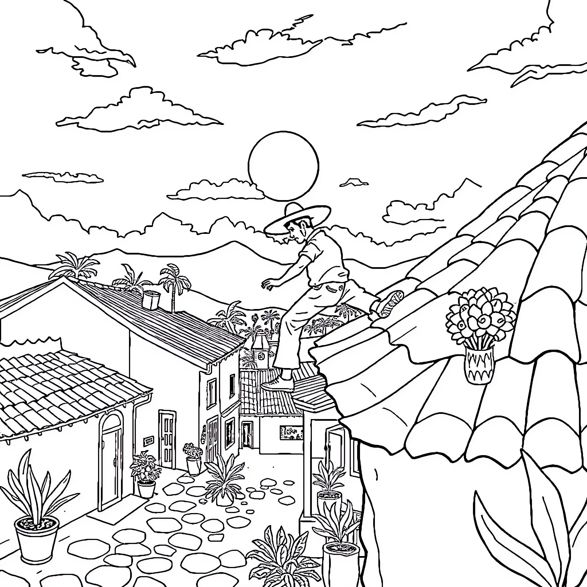 Mexican street scene with vibrant architecture and nature Coloring Page (free black-and-white line drawing printable PDF for all, from beginners to advanced learners, including children, teens, adults, and seniors)
