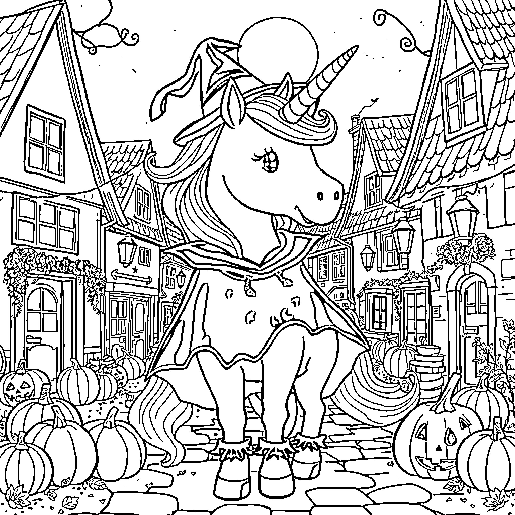 Unicorn in a Whimsical Autumn Town Coloring Page (free black-and-white line drawing printable PDF for all, from beginners to advanced learners, including children, teens, adults, and seniors)