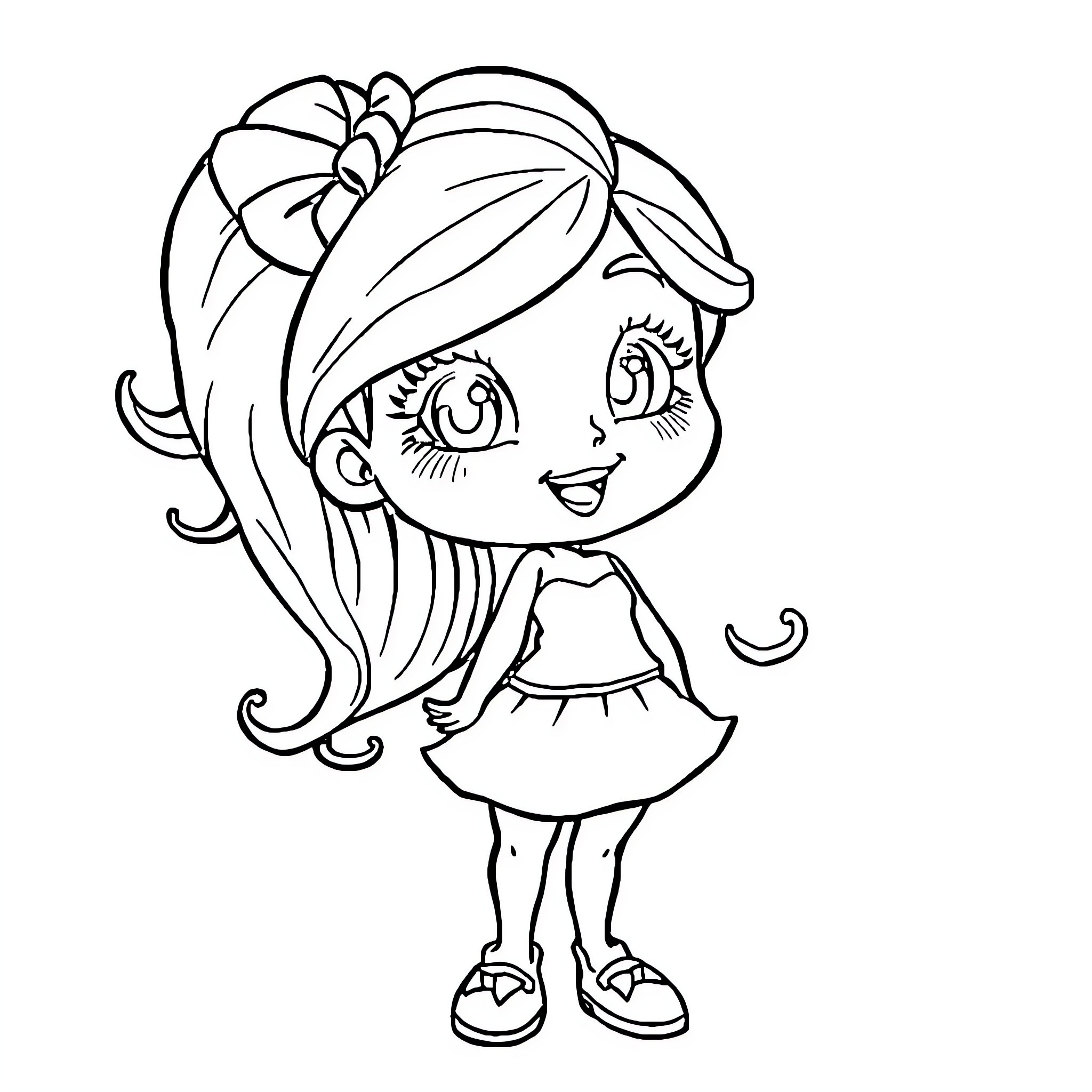 Girl with Cheerful Expression and Stylish Outfit Coloring Page (free black-and-white line drawing printable PDF for all, from beginners to advanced learners, including children, teens, adults, and seniors)