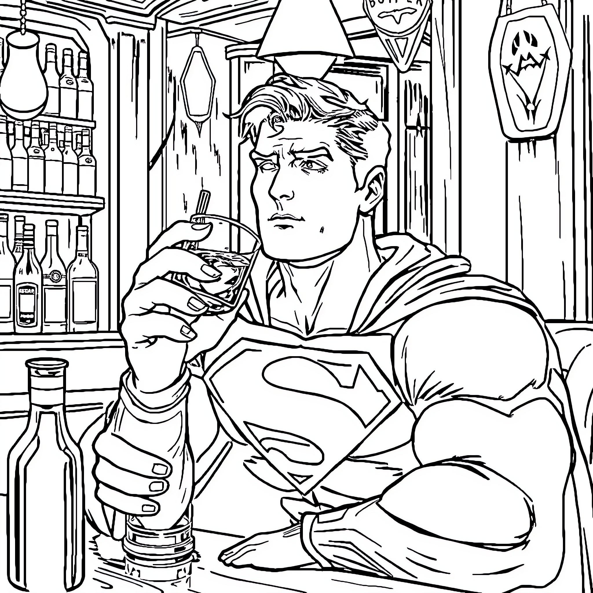 Superman relaxing at a dark and gritty bar Coloring Page (free black-and-white line drawing printable PDF for all, from beginners to advanced learners, including children, teens, adults, and seniors)