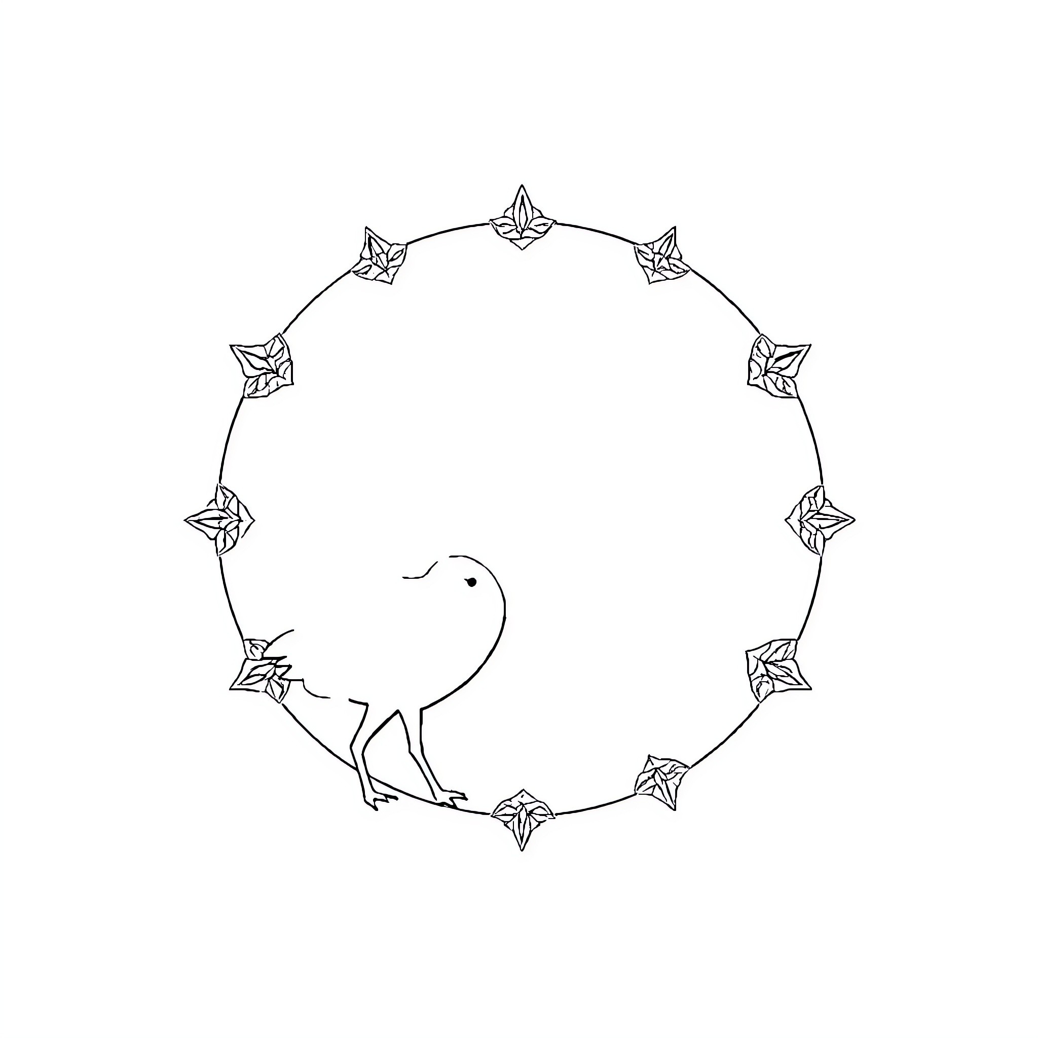 Rose-framed bird in whimsical floral circle Coloring Page (free black-and-white line drawing printable PDF for all, from beginners to advanced learners, including children, teens, adults, and seniors)