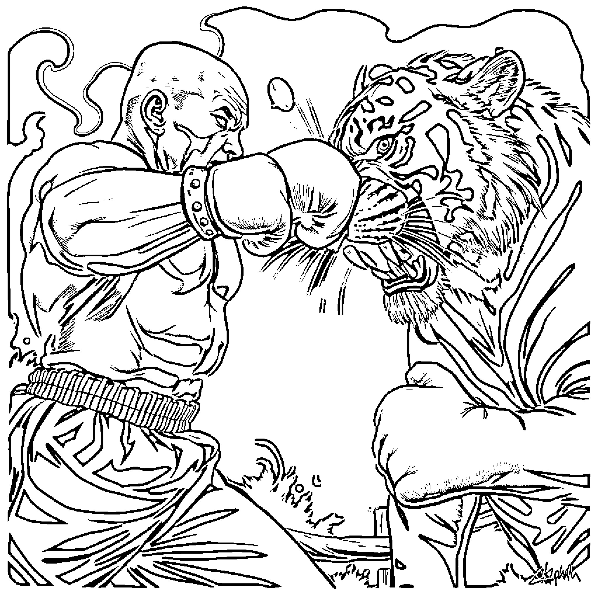 Mike Tyson aggressively confronting a fierce tiger Coloring Page (free black-and-white line drawing printable PDF for all, from beginners to advanced learners, including children, teens, adults, and seniors)