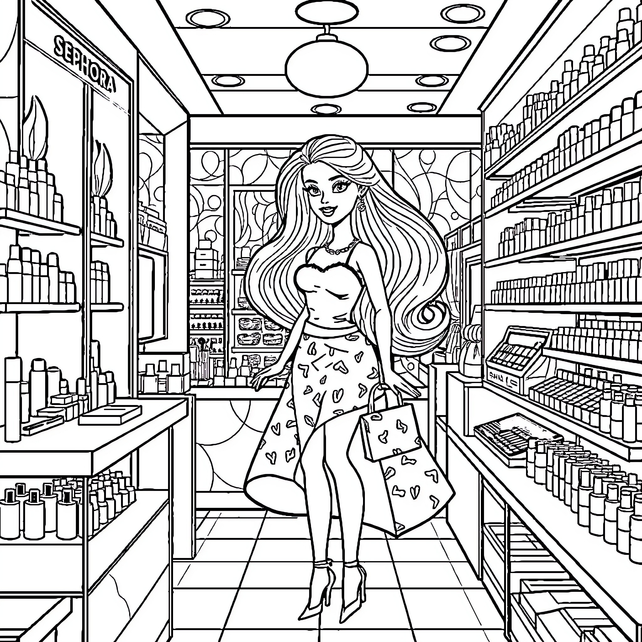 Barbie Shopping in a Stylish Retail Store Coloring Page (free black-and-white line drawing printable PDF for all, from beginners to advanced learners, including children, teens, adults, and seniors)