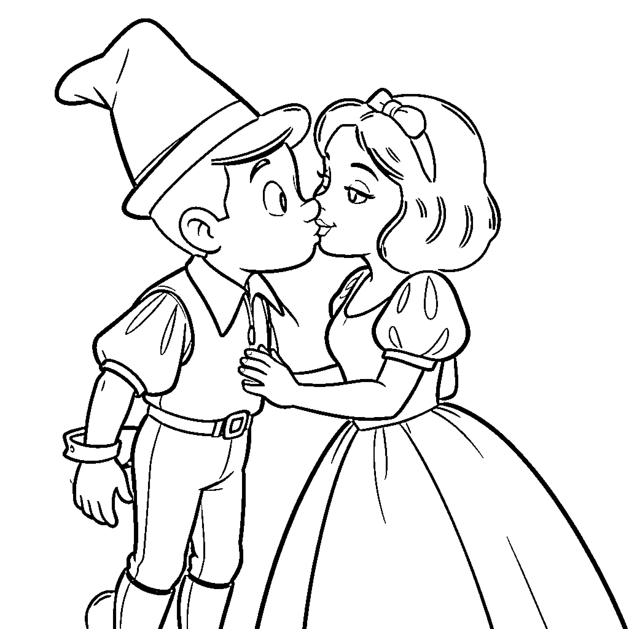 Pinocchio kissing a beautiful princess in a romantic scene Coloring Page (free black-and-white line drawing printable PDF for all, from beginners to advanced learners, including children, teens, adults, and seniors)