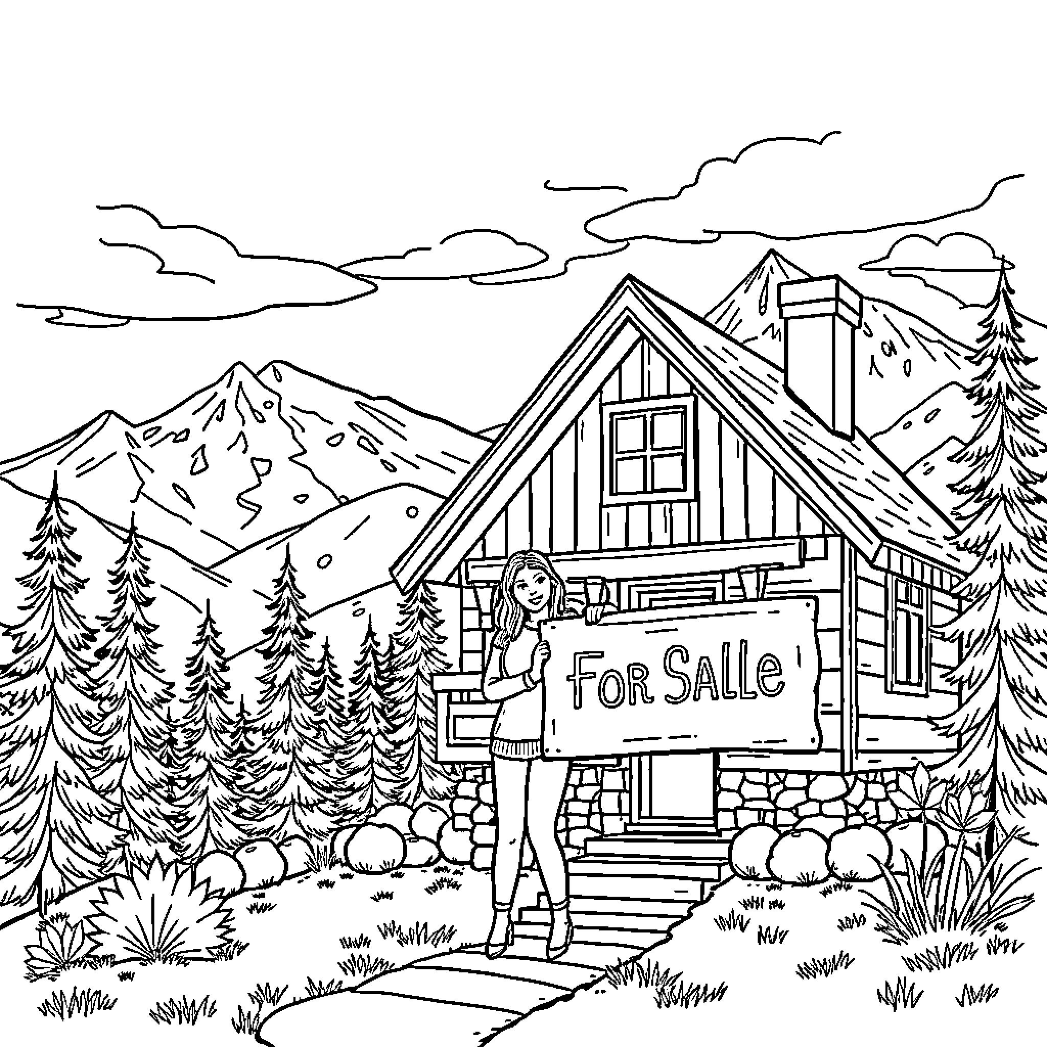Woman Holding 'For Sale' Sign in Front of Cabin in the Mountains Coloring Page (free black-and-white line drawing printable PDF for all, from beginners to advanced learners, including children, teens, adults, and seniors)