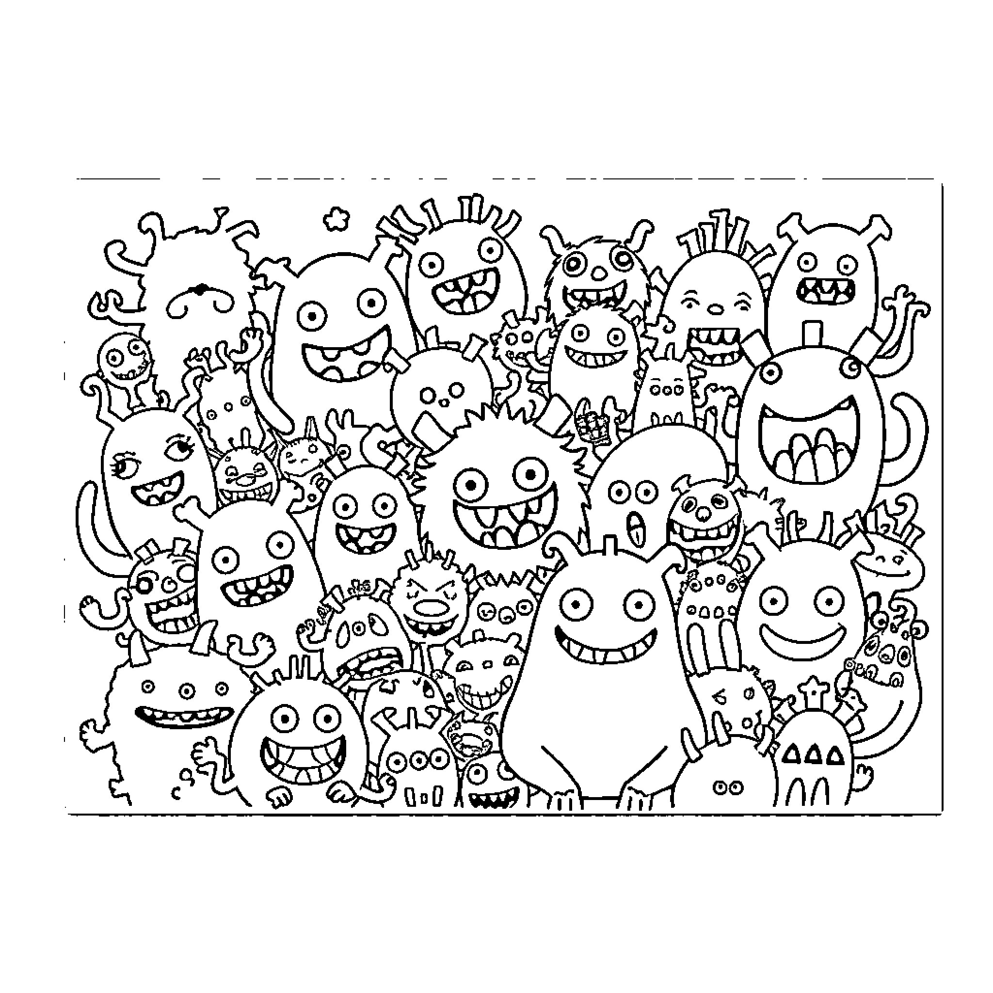 Monster group of cheerful, zany creatures Coloring Page (free black-and-white line drawing printable PDF for all, from beginners to advanced learners, including children, teens, adults, and seniors)