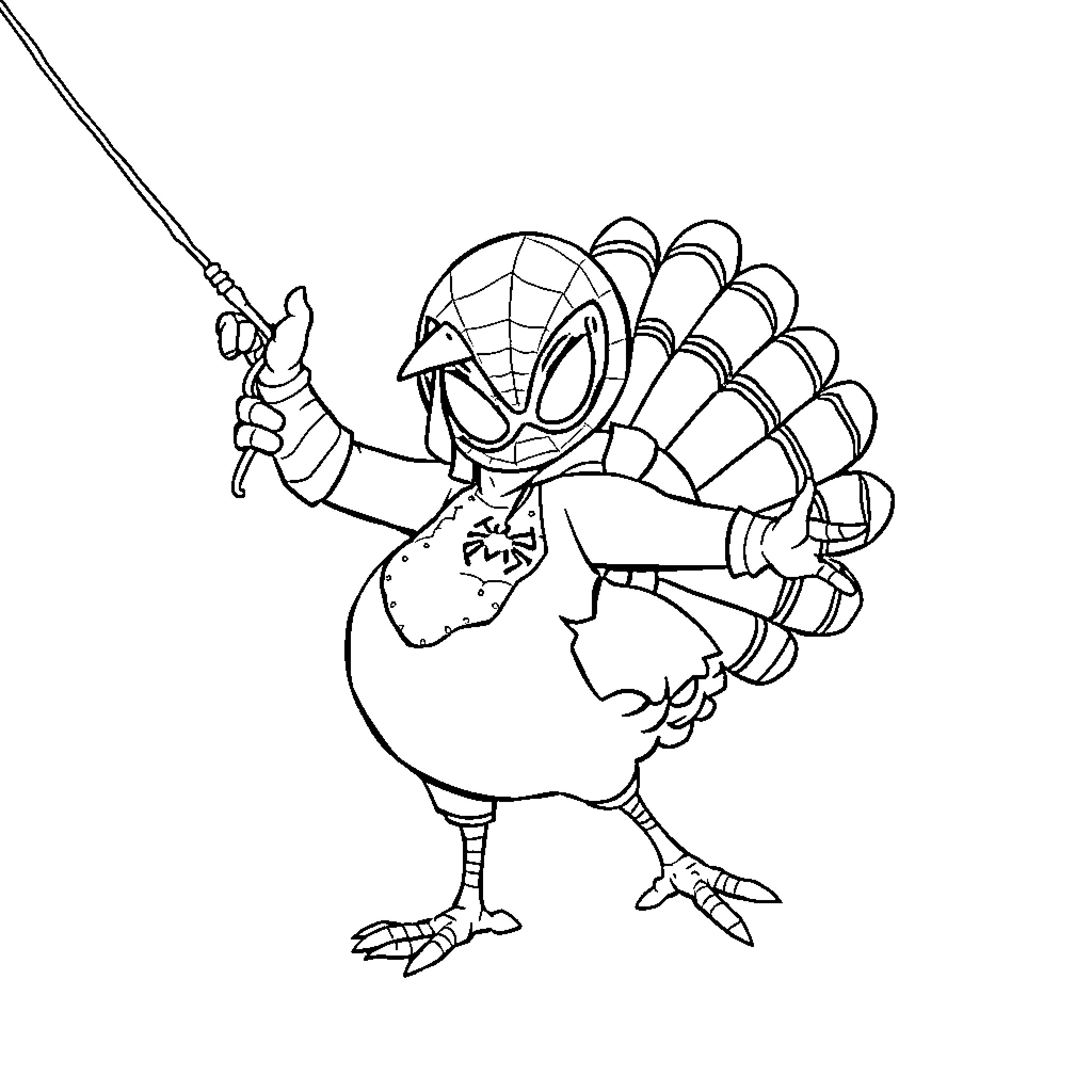Turkey in Superhero Costume with Weapon Coloring Page (free black-and-white line drawing printable PDF for all, from beginners to advanced learners, including children, teens, adults, and seniors)