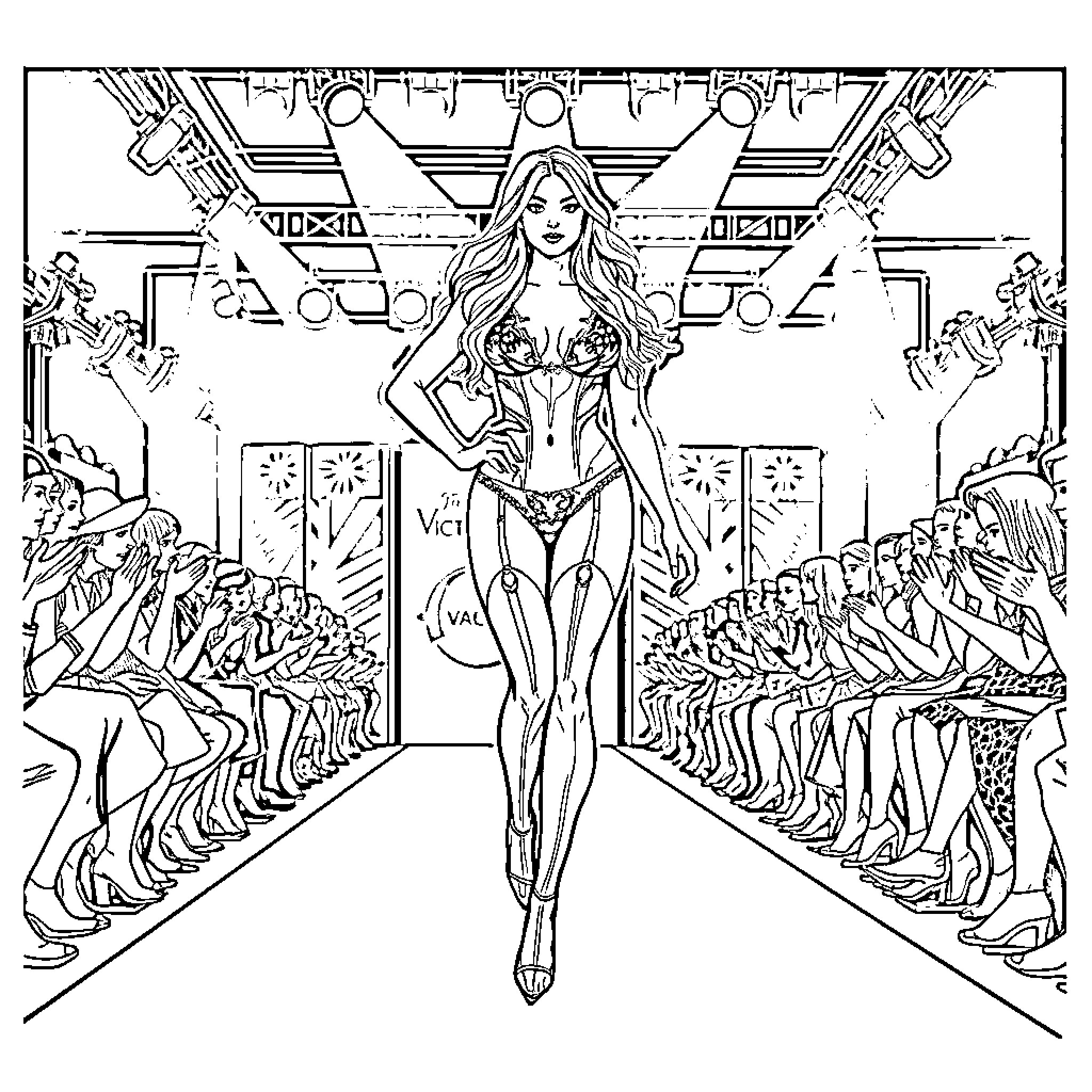 Alex Consani Struts Down a Glamorous Fashion Runway Coloring Page (free black-and-white line drawing printable PDF for all, from beginners to advanced learners, including children, teens, adults, and seniors)