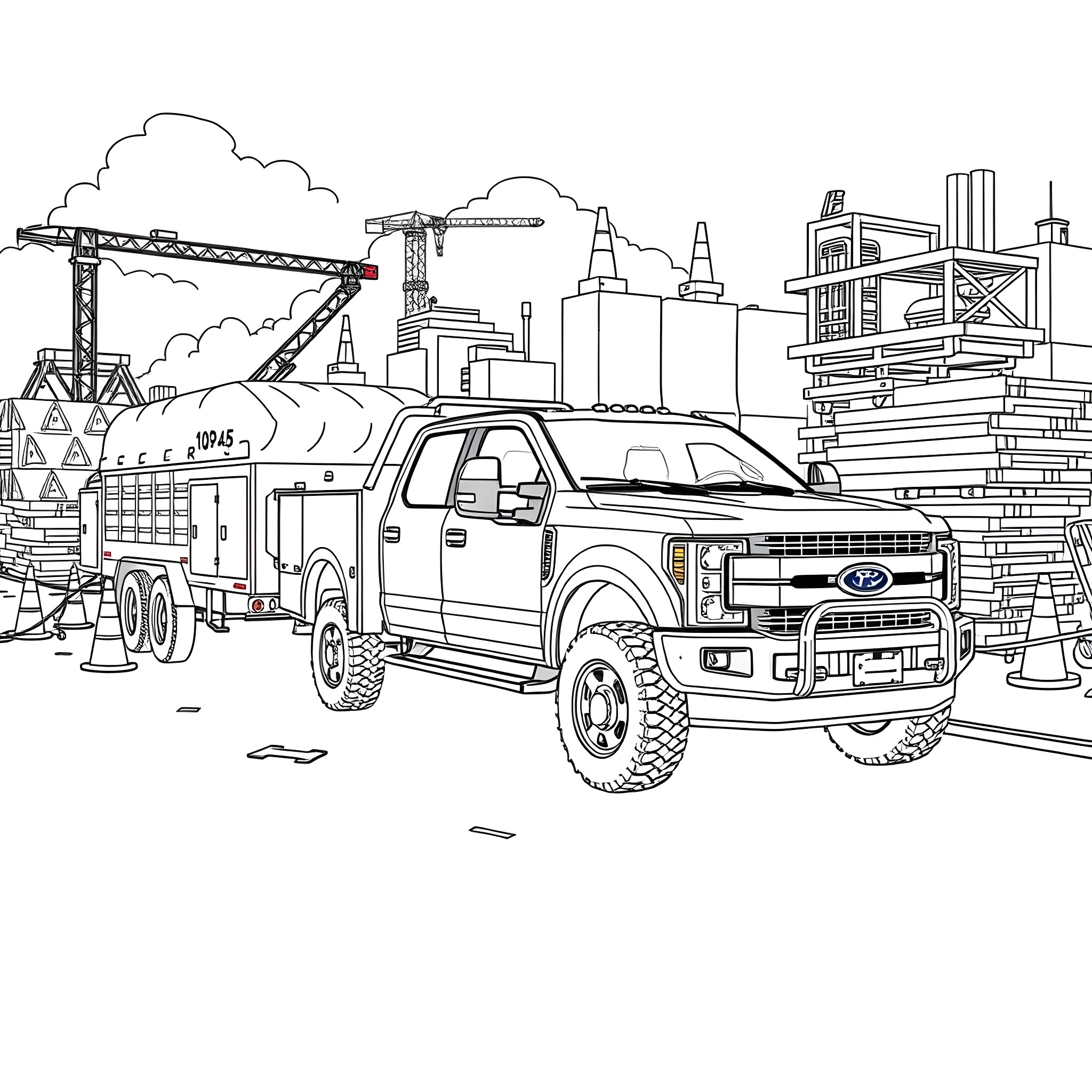 Utility Truck Hauling Construction Equipment in the City Coloring Page (free black-and-white line drawing printable PDF for all, from beginners to advanced learners, including children, teens, adults, and seniors)