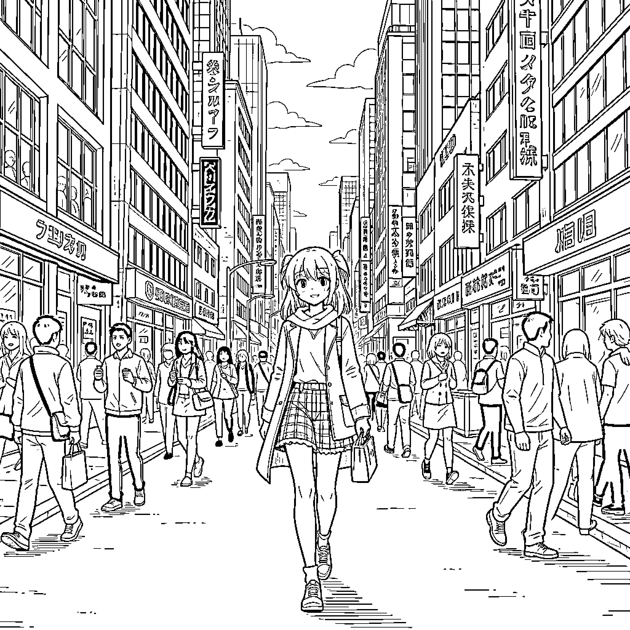 Ayanokoji character walking through a crowded city street Coloring Page (free black-and-white line drawing printable PDF for all, from beginners to advanced learners, including children, teens, adults, and seniors)