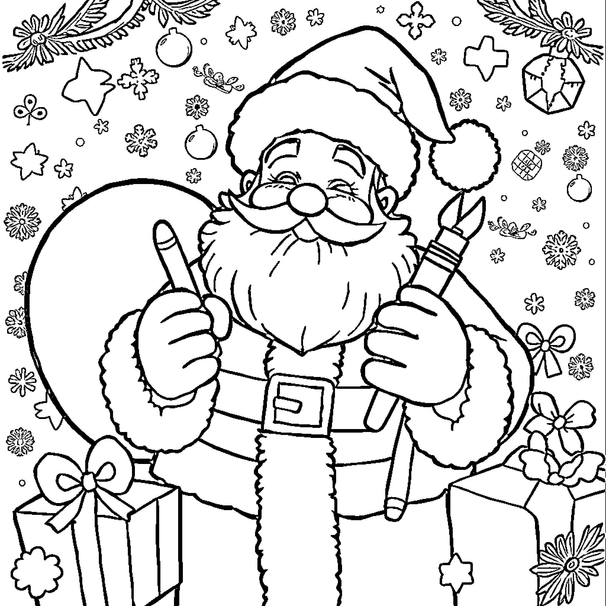 Père Noël surrounded by joyful holiday decorations Coloring Page (free black-and-white line drawing printable PDF for all, from beginners to advanced learners, including children, teens, adults, and seniors)