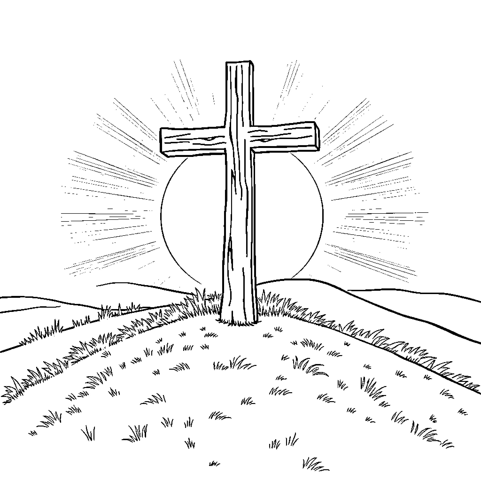 Cross on Grassy Hill with Radiant Sunlight Coloring Page (free black-and-white line drawing printable PDF for all, from beginners to advanced learners, including children, teens, adults, and seniors)