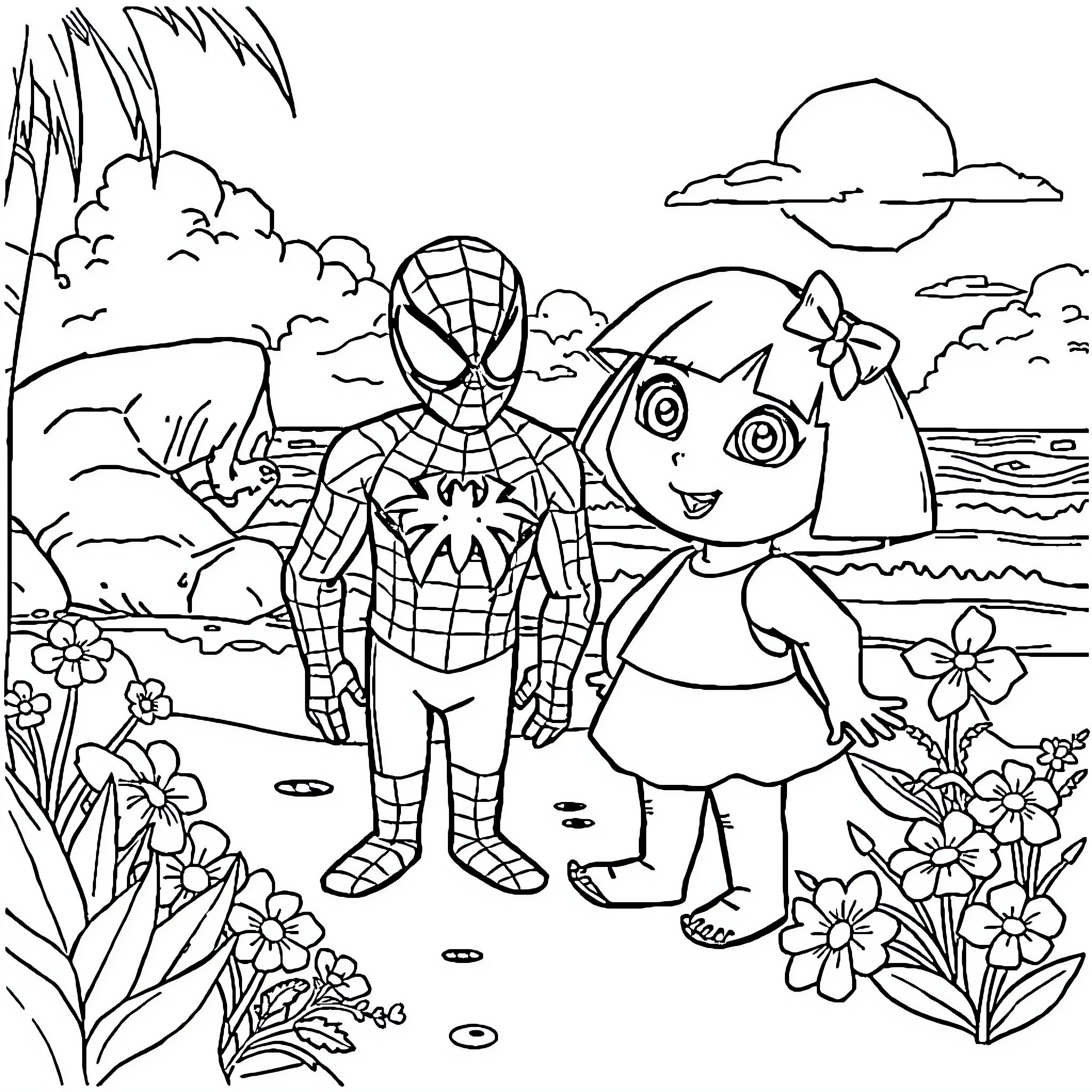 Dora and Spiderman explore the scenic nature Coloring Page (free black-and-white line drawing printable PDF for all, from beginners to advanced learners, including children, teens, adults, and seniors)