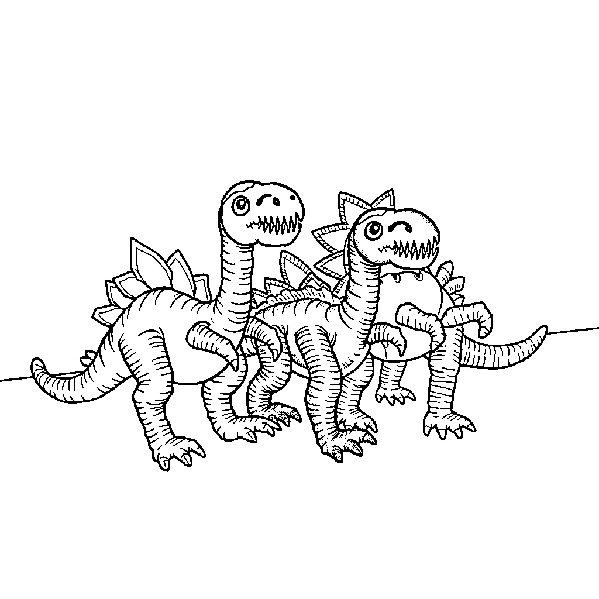 Dinosaur Friends Exploring the Terrain Coloring Page (free black-and-white line drawing printable PDF for all, from beginners to advanced learners, including children, teens, adults, and seniors)
