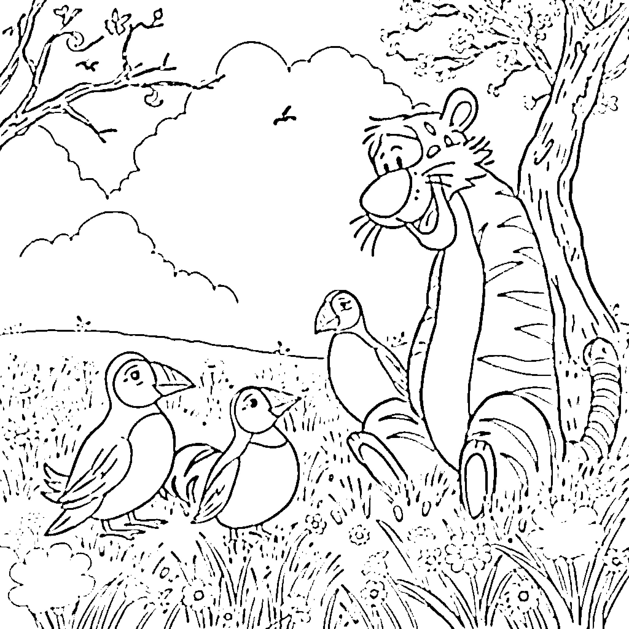 Tigger exploring a vibrant forest with playful birds Coloring Page (free black-and-white line drawing printable PDF for all, from beginners to advanced learners, including children, teens, adults, and seniors)
