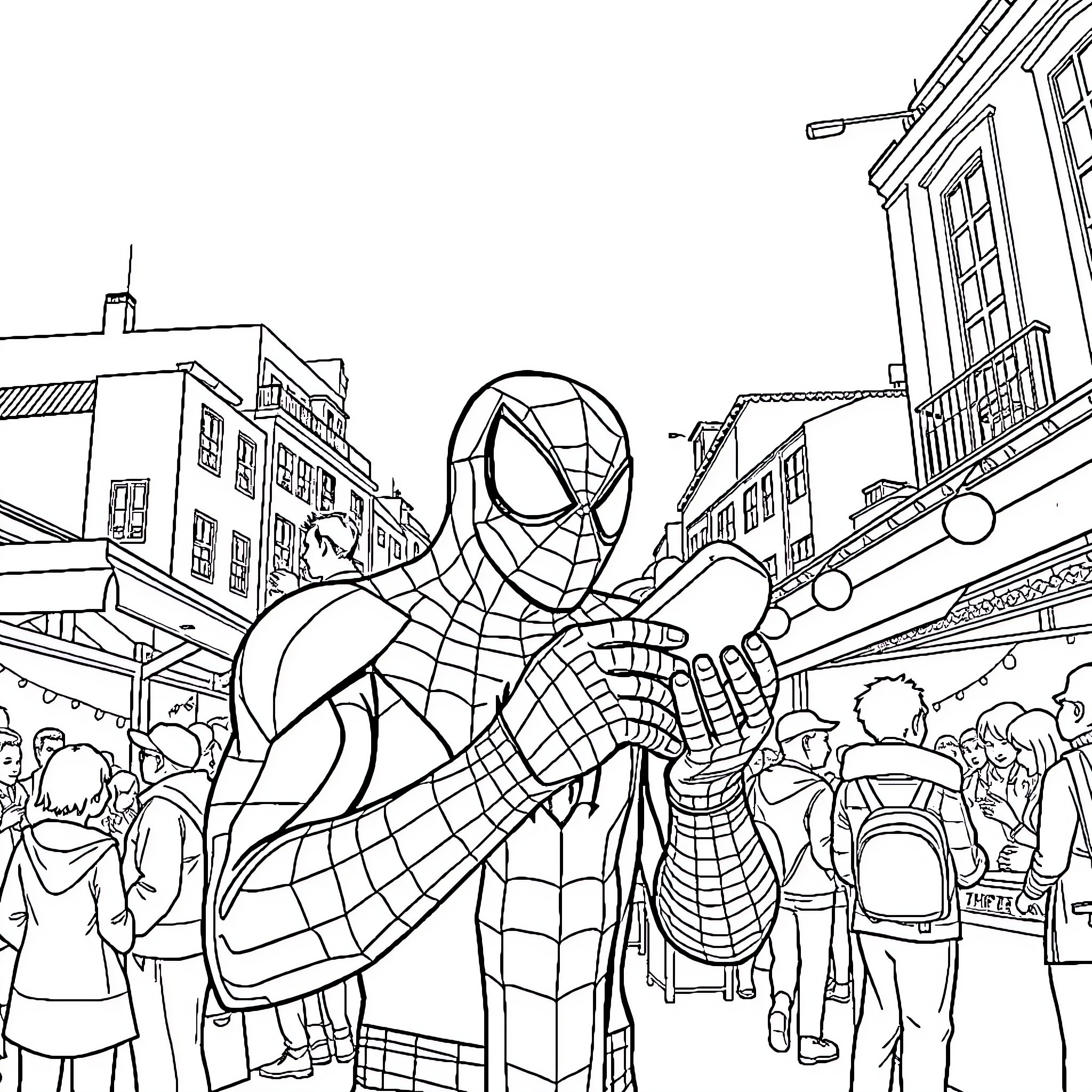 Spider-Man swinging through a busy city street Coloring Page (free black-and-white line drawing printable PDF for all, from beginners to advanced learners, including children, teens, adults, and seniors)
