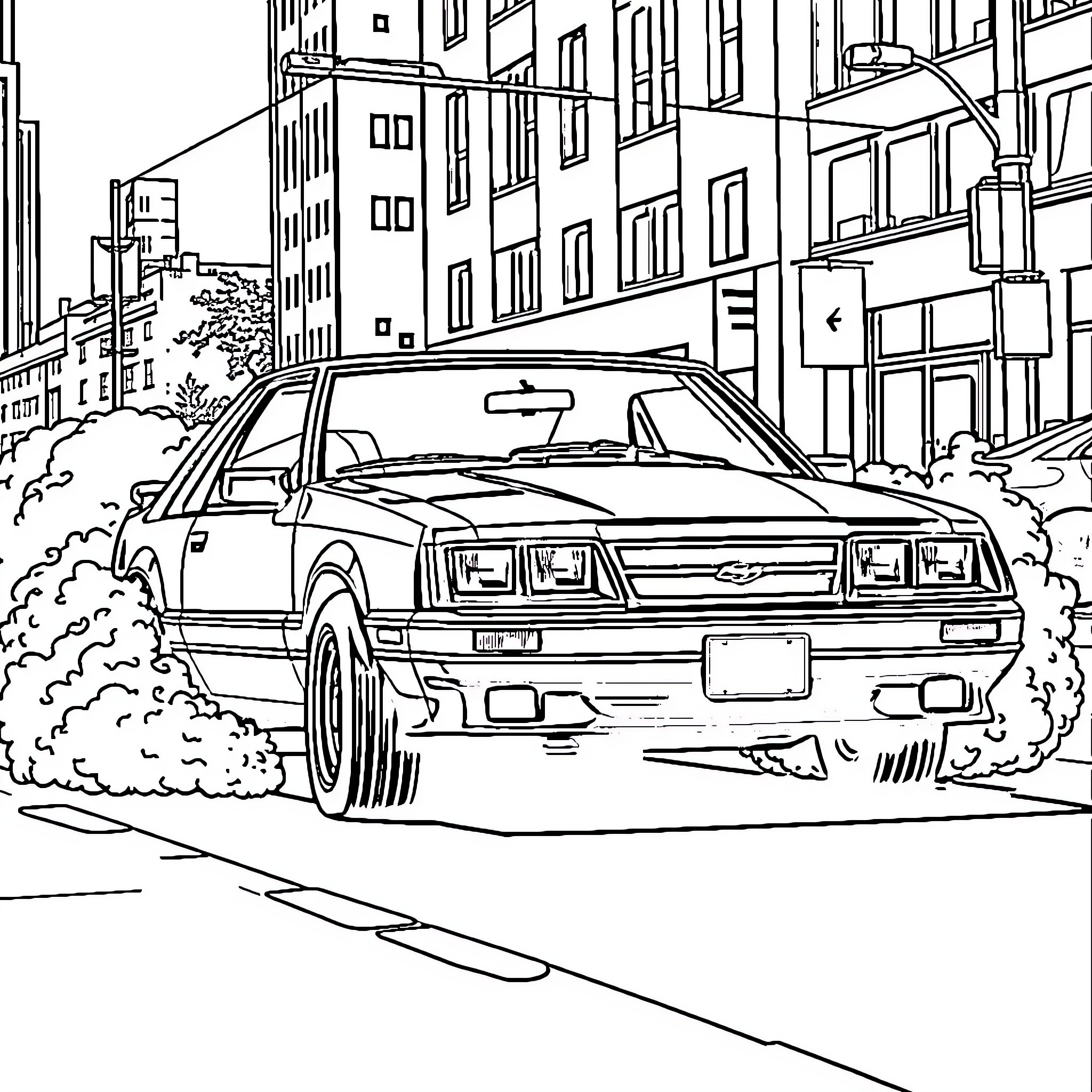 Mustang speeding through the city streets Coloring Page (free black-and-white line drawing printable PDF for all, from beginners to advanced learners, including children, teens, adults, and seniors)