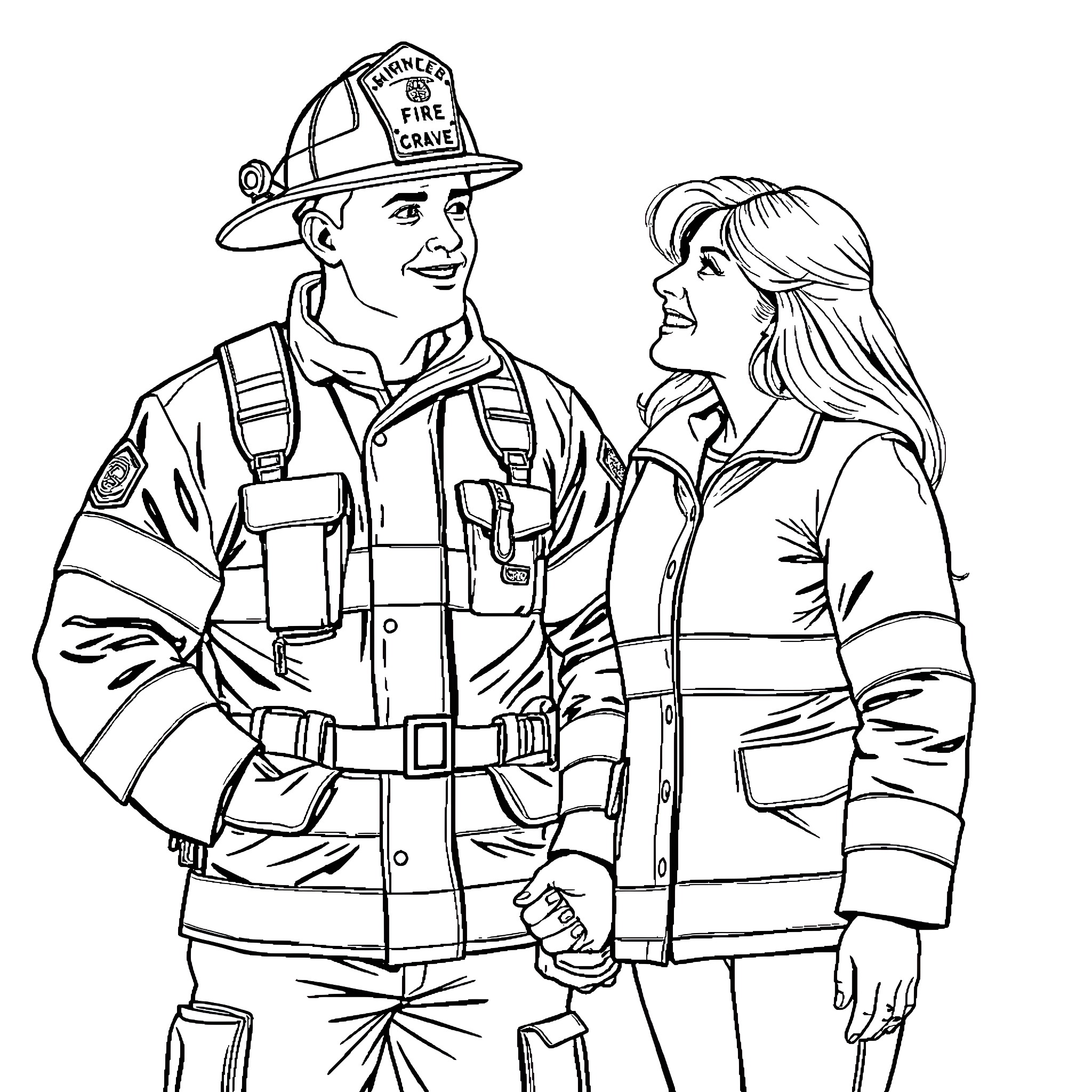 Fire Fighter Professionals Discussing Work Coloring Page (free black-and-white line drawing printable PDF for all, from beginners to advanced learners, including children, teens, adults, and seniors)