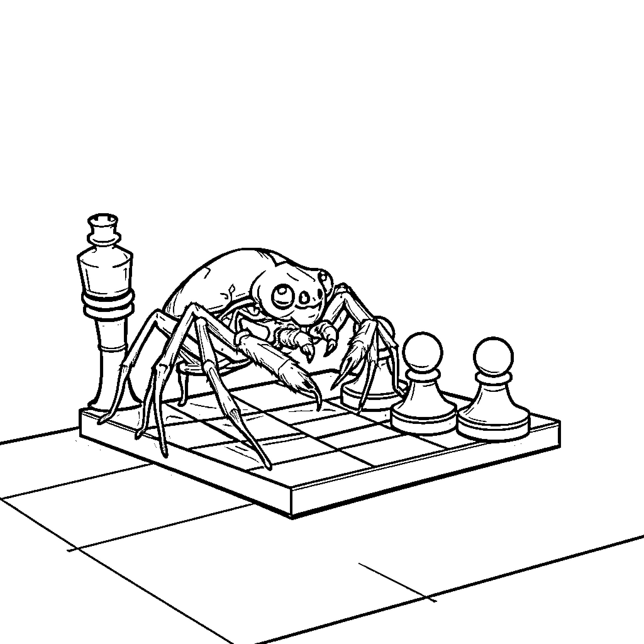 Spider playing chess with pawns Coloring Page (free black-and-white line drawing printable PDF for all, from beginners to advanced learners, including children, teens, adults, and seniors)