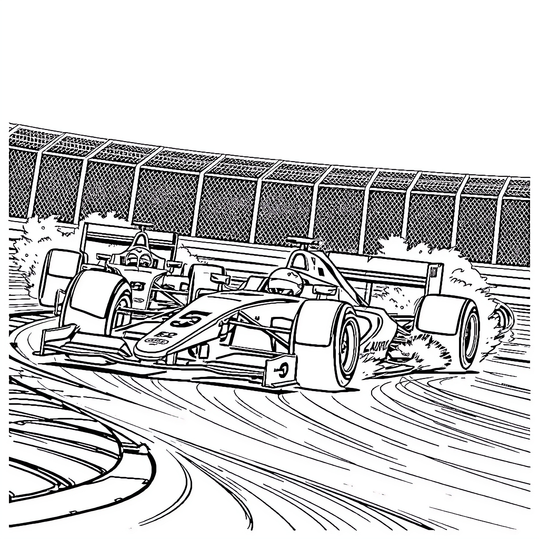 Formula One race cars speeding on the circuit Coloring Page (free black-and-white line drawing printable PDF for all, from beginners to advanced learners, including children, teens, adults, and seniors)