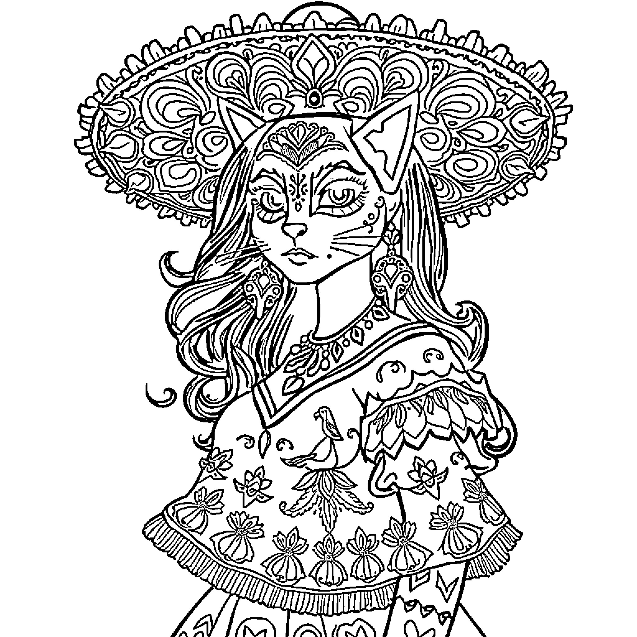 Catrina in Intricate Floral Attire Coloring Page (free black-and-white line drawing printable PDF for all, from beginners to advanced learners, including children, teens, adults, and seniors)