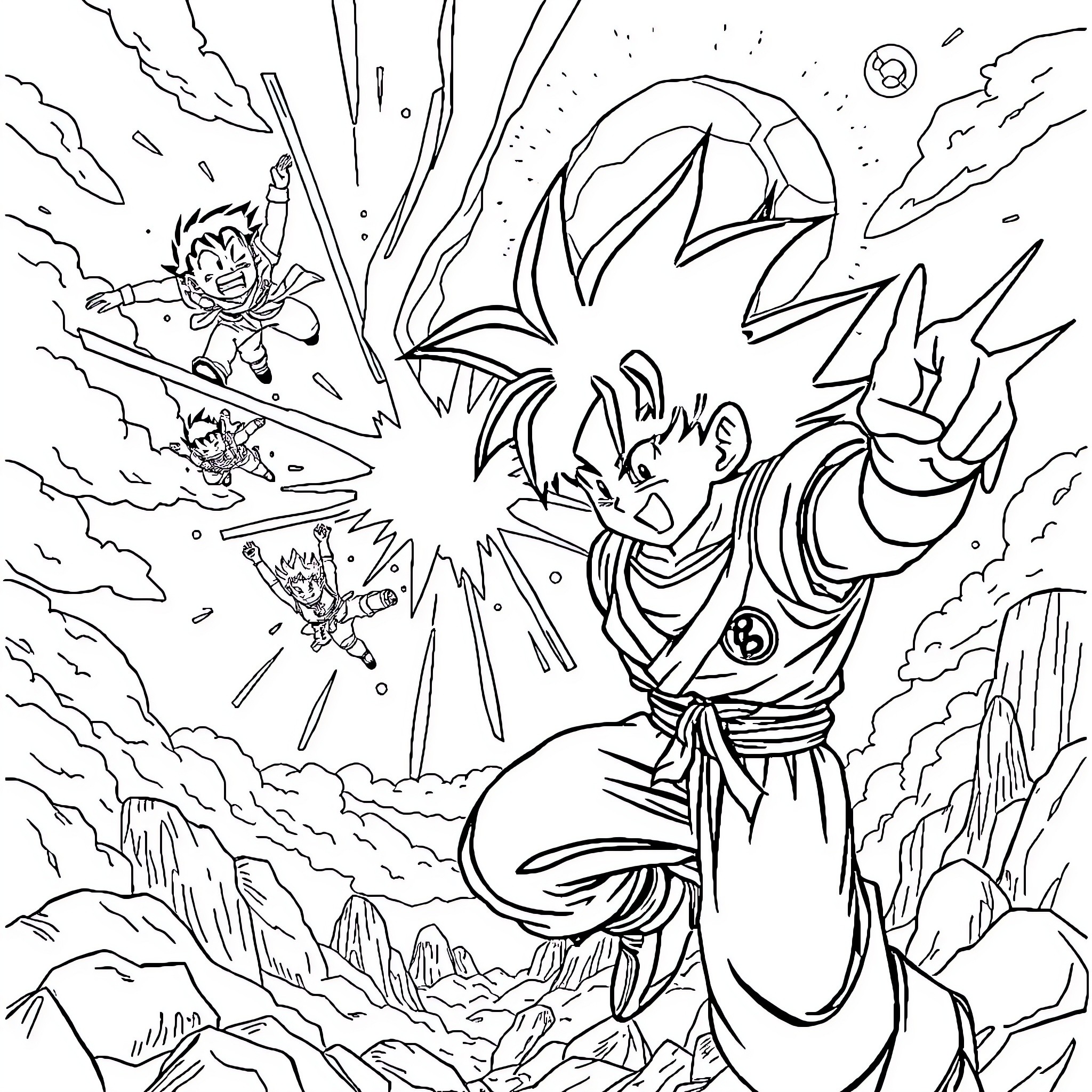Dragon Ball: Intense Energy Clash of Fighters Coloring Page (free black-and-white line drawing printable PDF for all, from beginners to advanced learners, including children, teens, adults, and seniors)