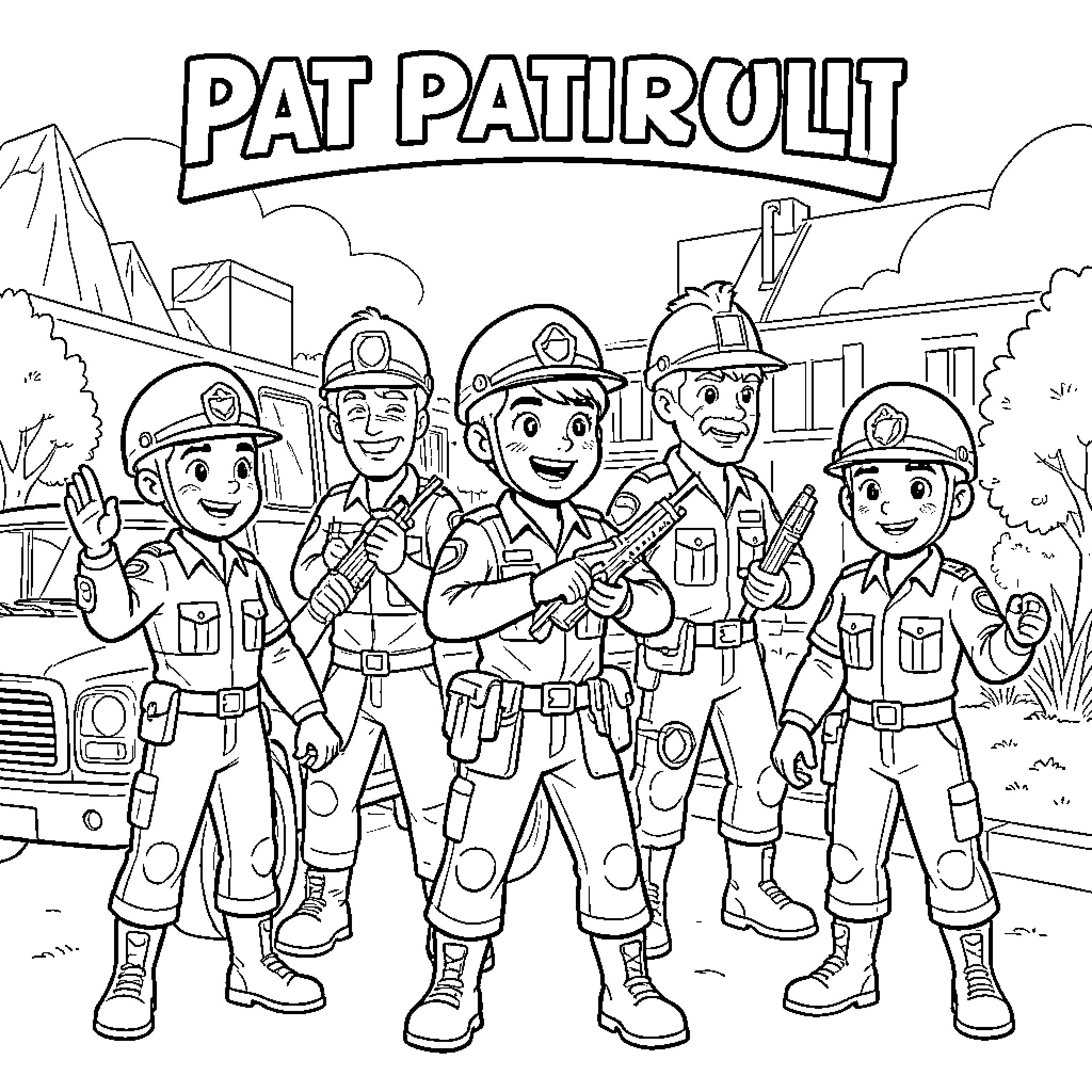 Paw Patrol characters standing together in their uniforms Coloring Page (free black-and-white line drawing printable PDF for all, from beginners to advanced learners, including children, teens, adults, and seniors)