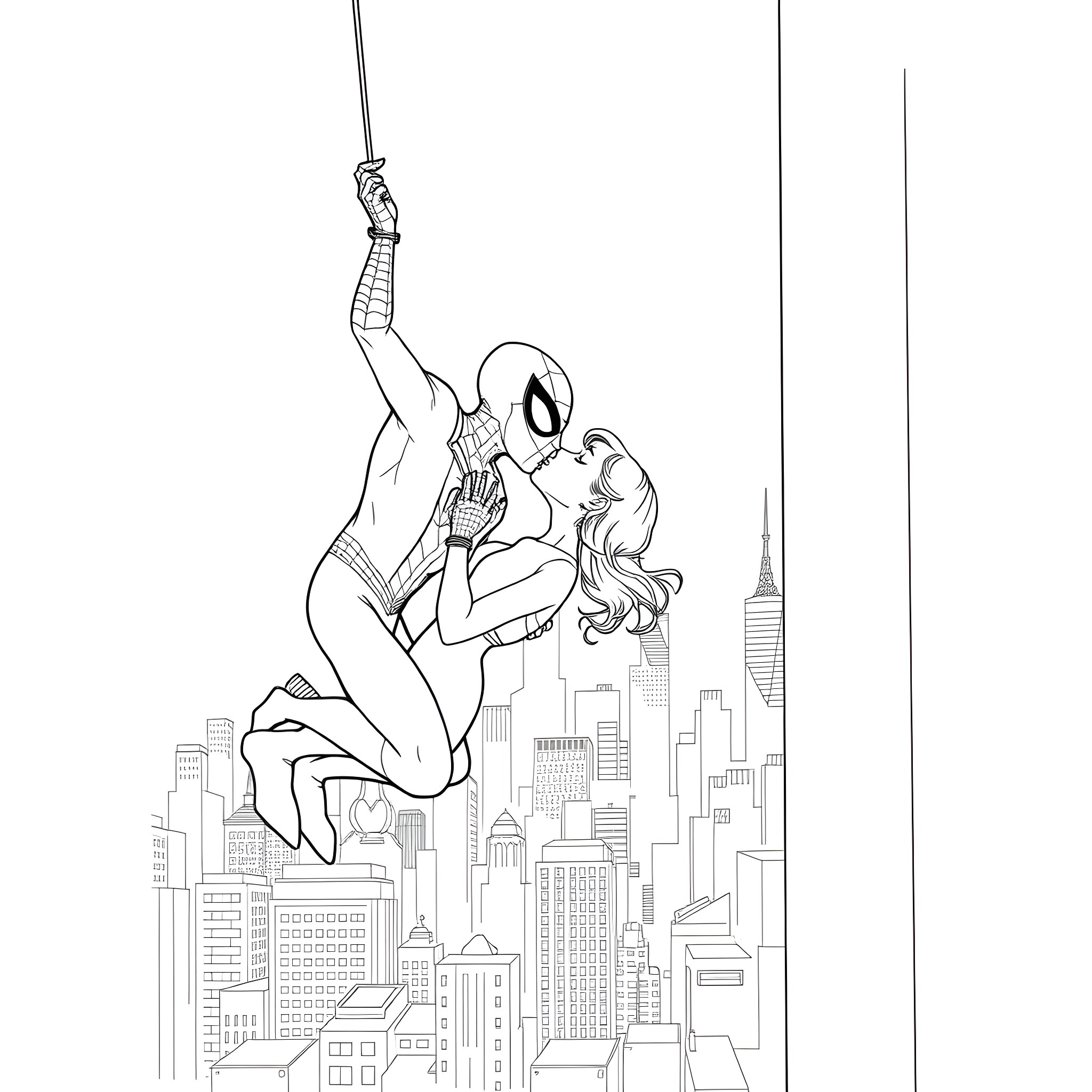 Spiderman swinging through the city skyline Coloring Page (free black-and-white line drawing printable PDF for all, from beginners to advanced learners, including children, teens, adults, and seniors)