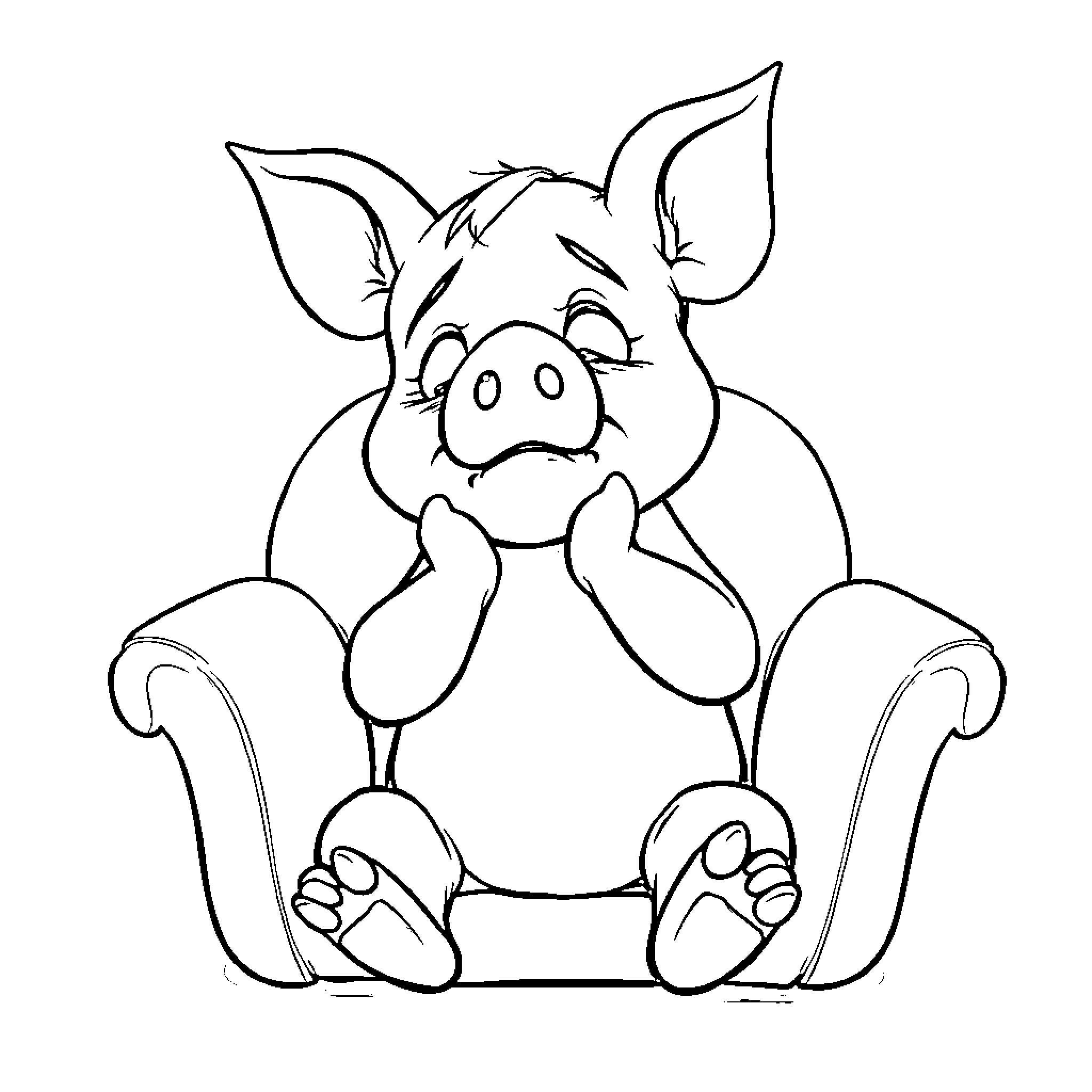 Piglet relaxing comfortably on an armchair Coloring Page (free black-and-white line drawing printable PDF for all, from beginners to advanced learners, including children, teens, adults, and seniors)